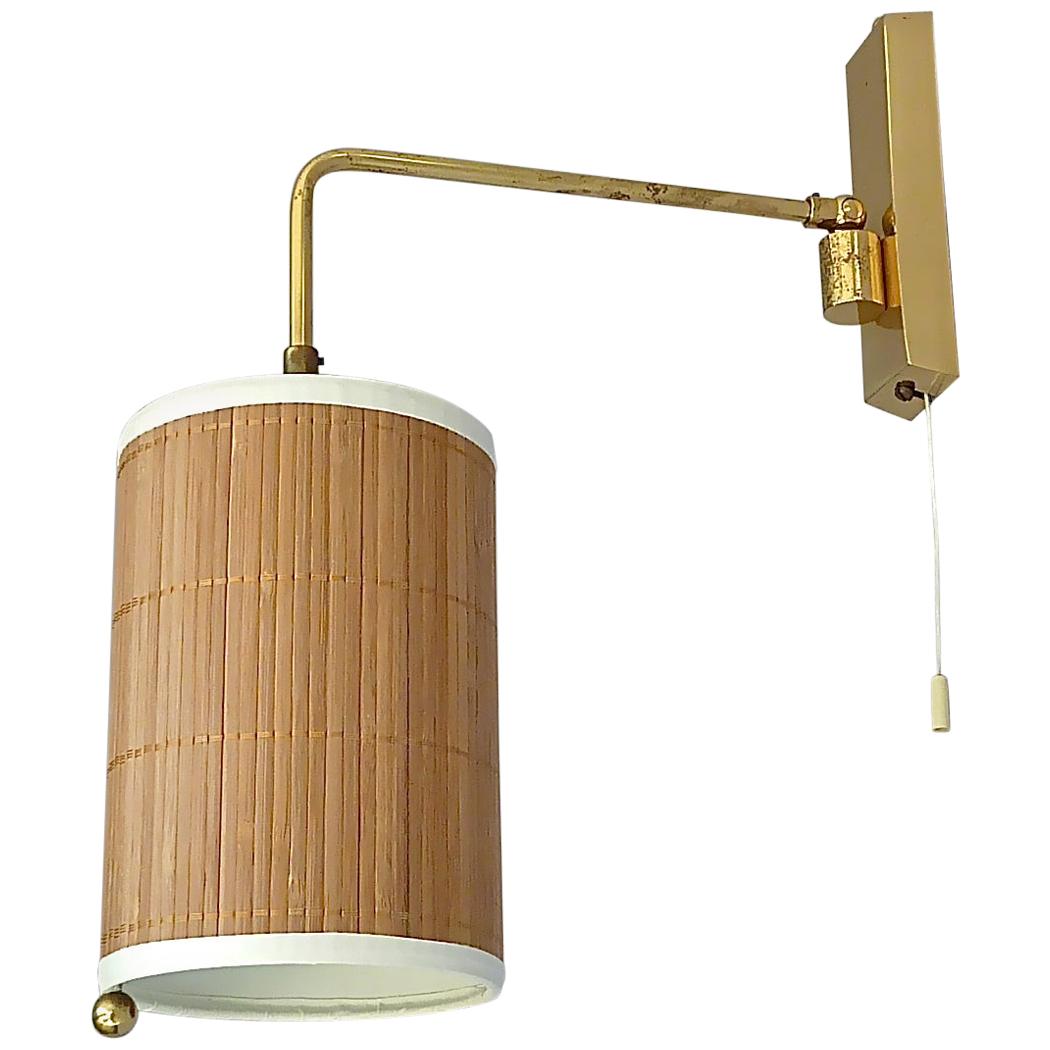 Wall Lamp Paavo Tynell Taito Oy Kalmar Style Brass Cane Wood Shade 1950s Sconce