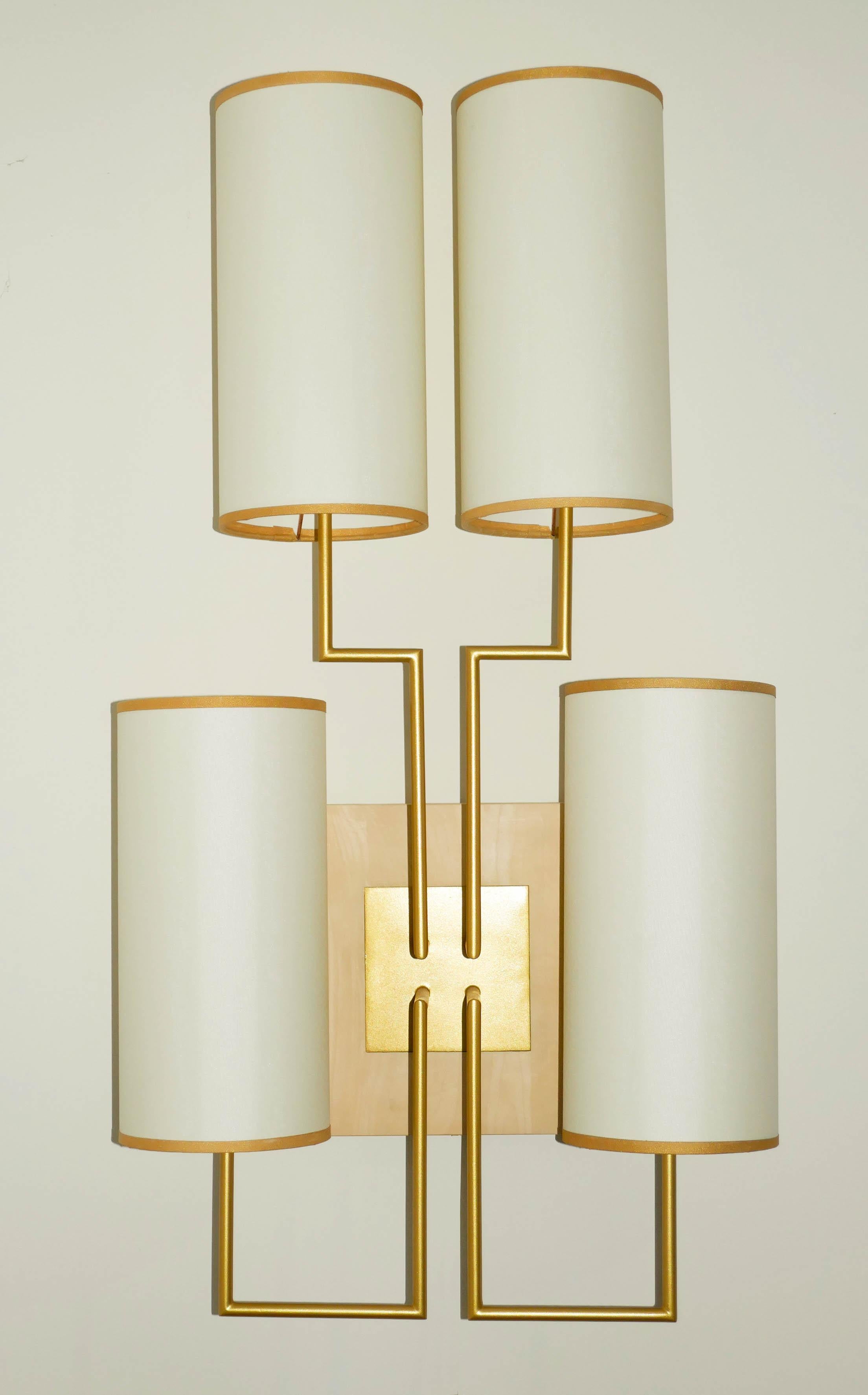 International Style Wall Lamp Sconce in Gold Patina and White Lamp Shades