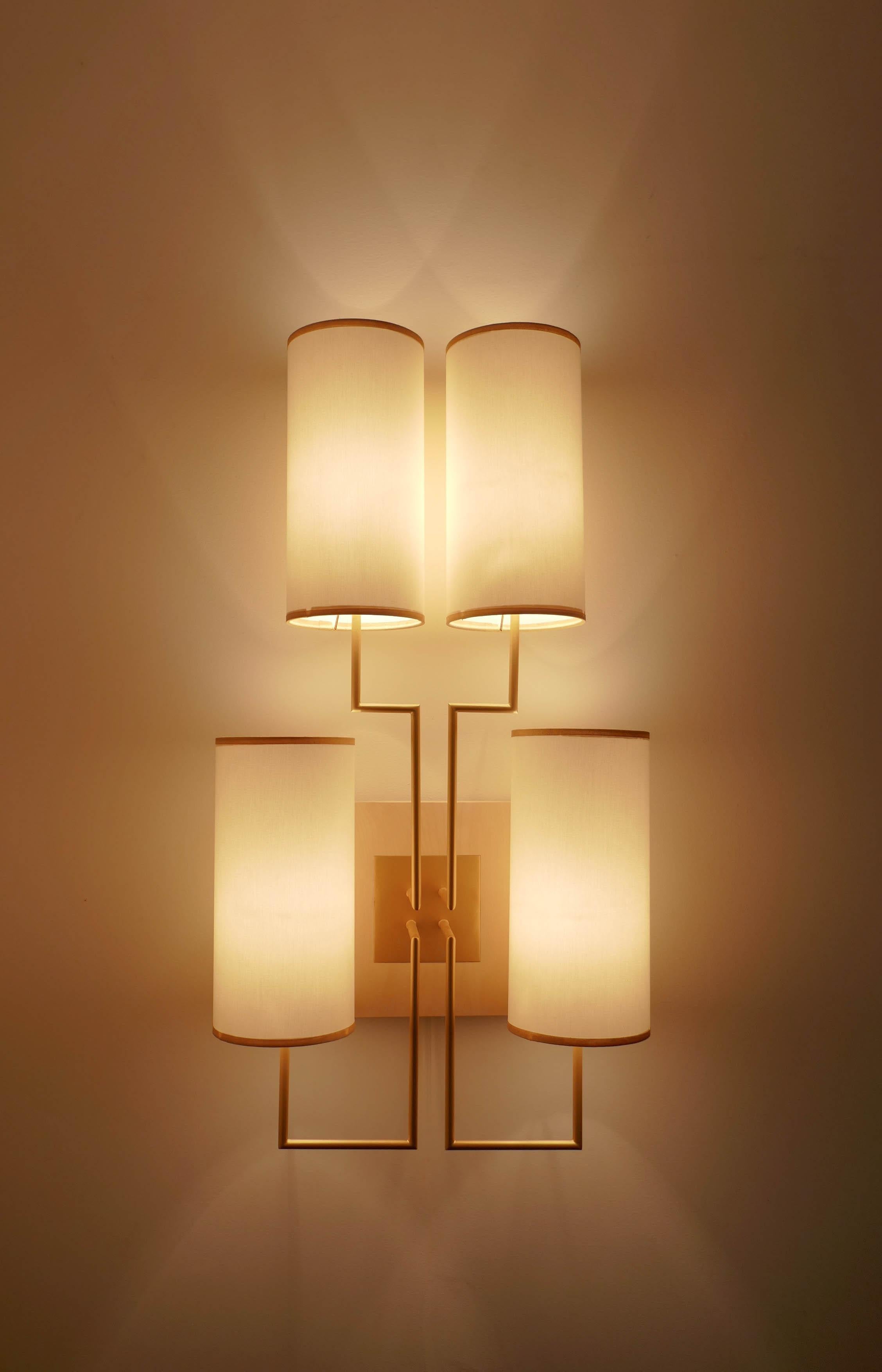French Wall Lamp Sconce in Gold Patina and White Lamp Shades For Sale