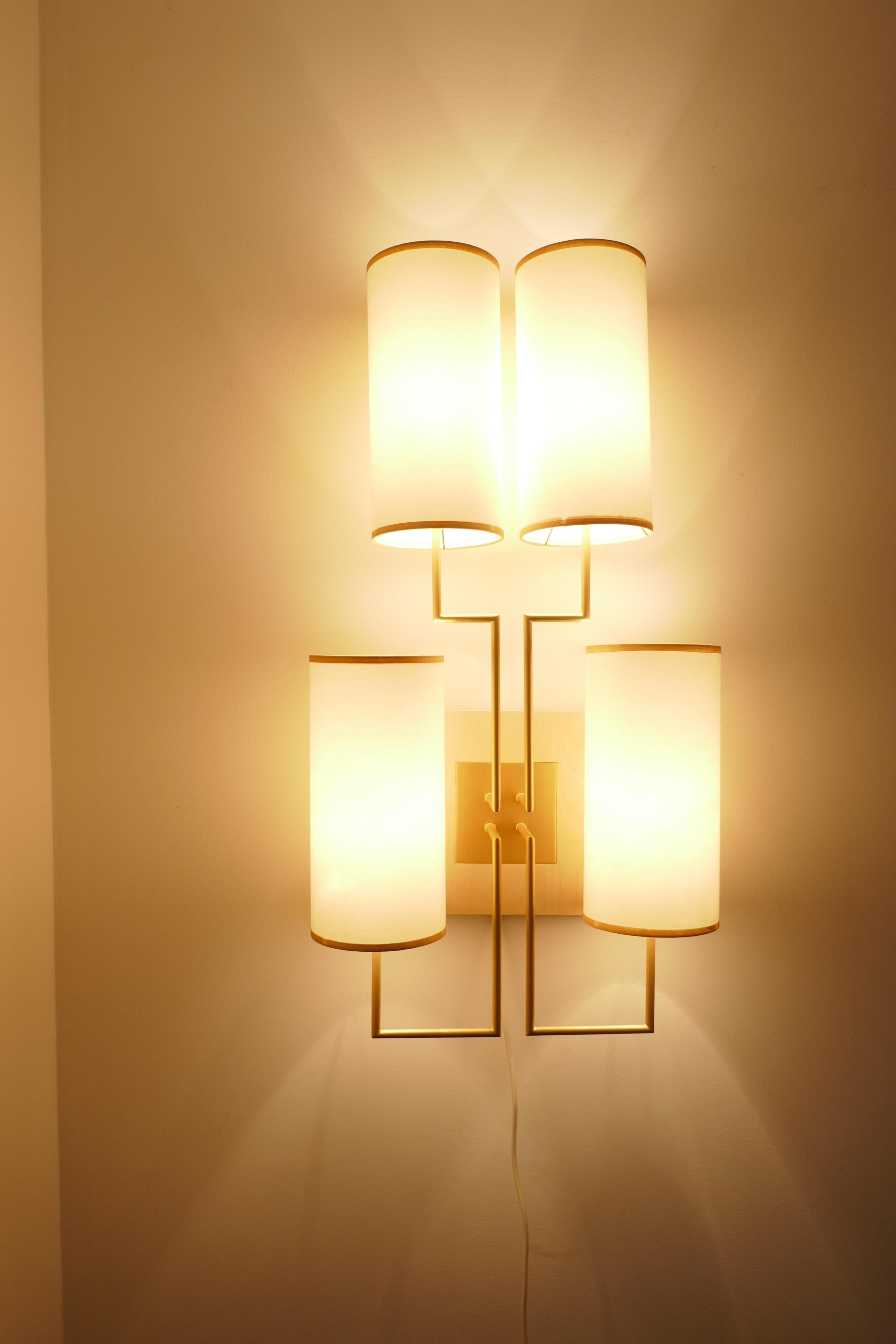 Wood Wall Lamp Sconce in Gold Patina and White Lamp Shades
