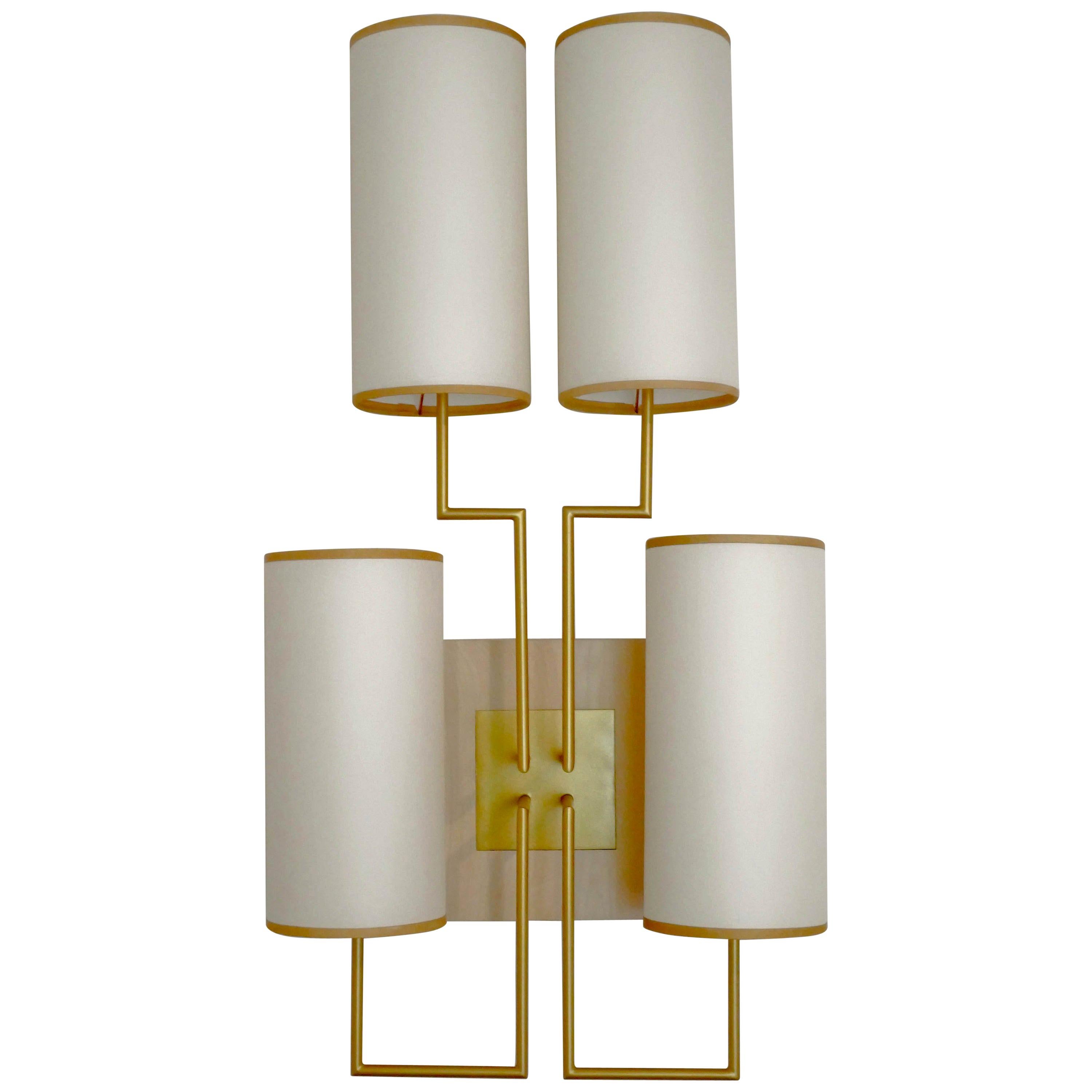 Wall Lamp Sconce in Gold Patina and White Lamp Shades For Sale