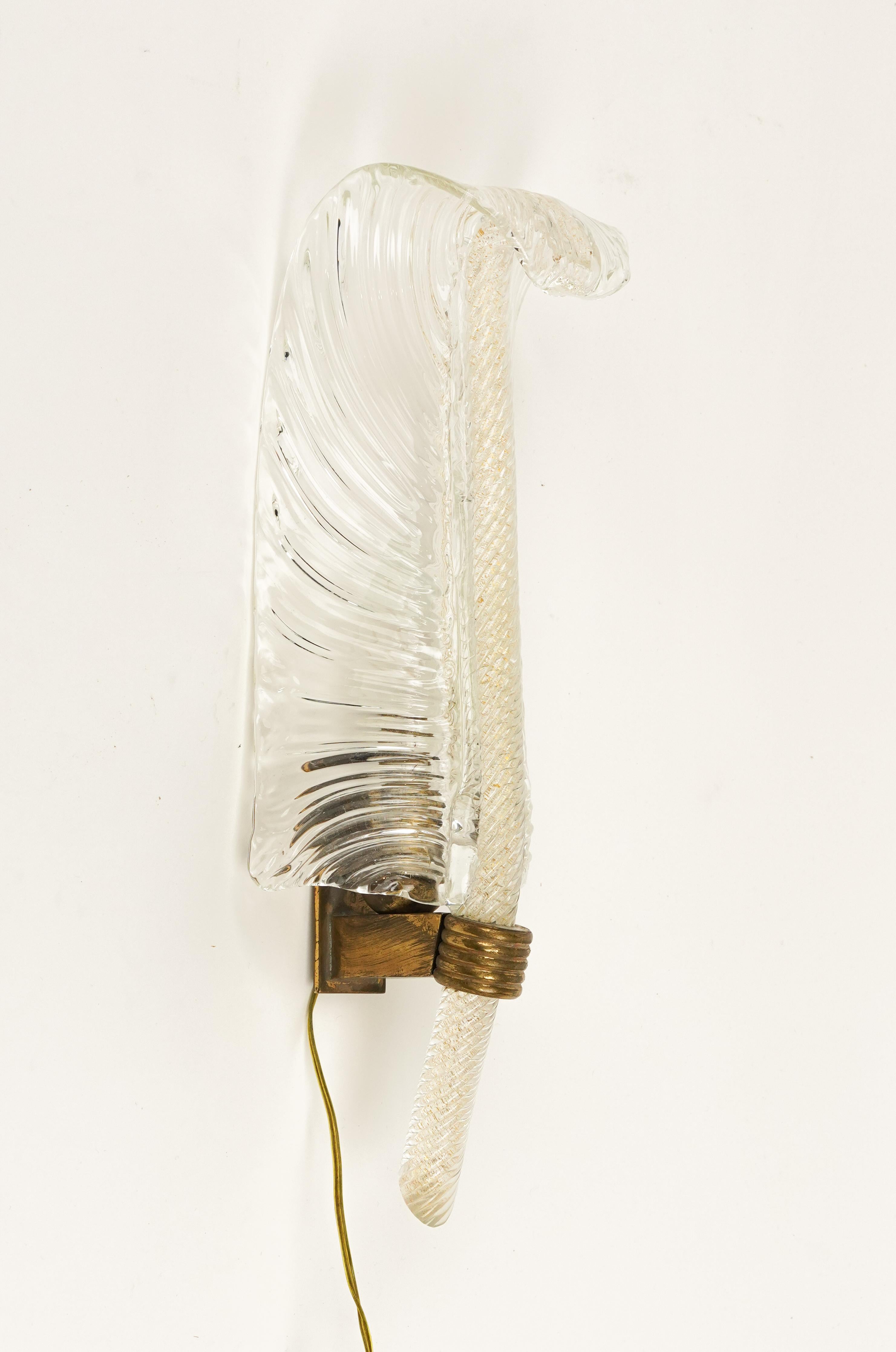 Wall Lamp Sconce in Murano Glass and Brass by Barovier & Toso, Italy 1940s For Sale 6