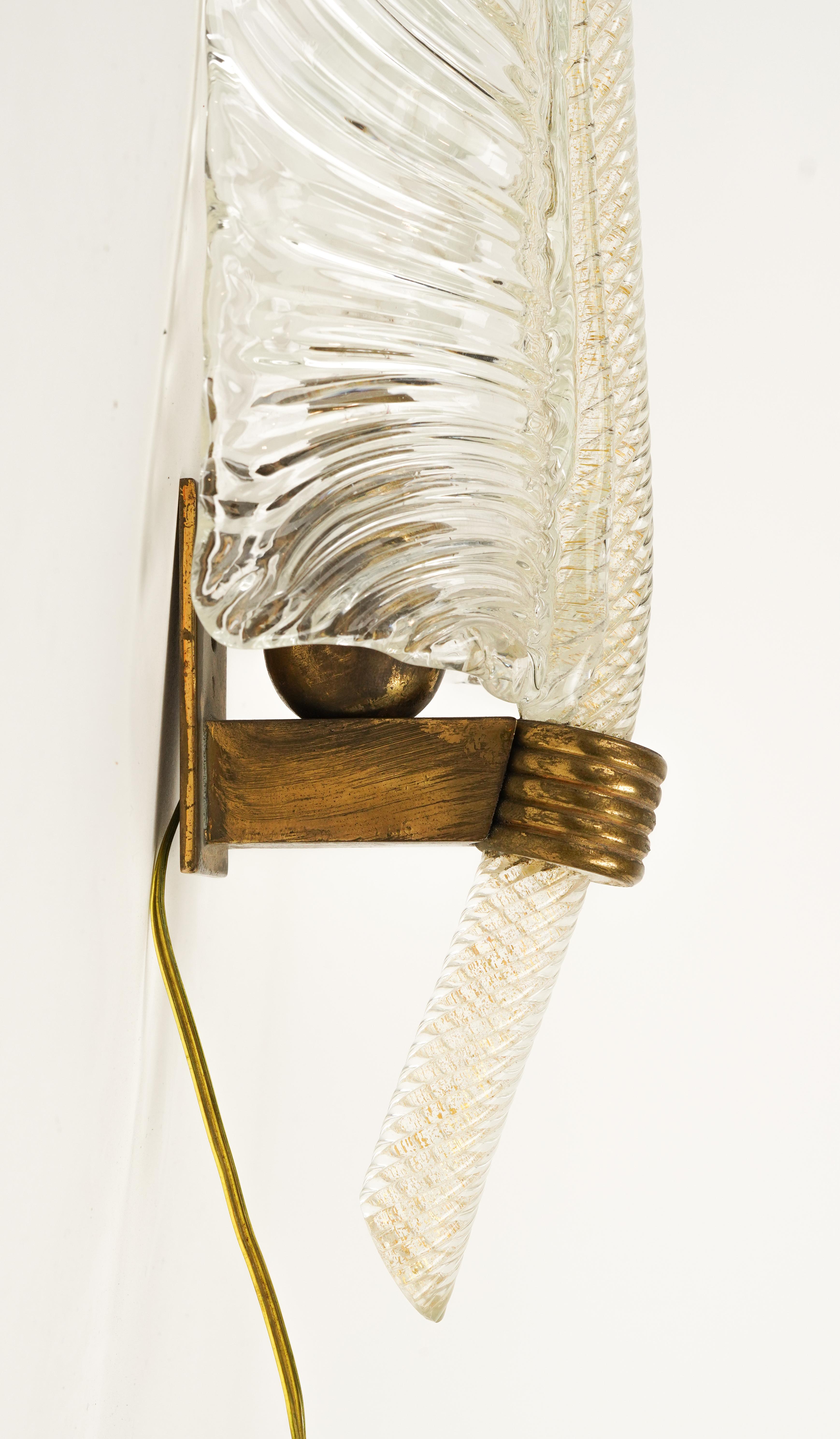 Wall Lamp Sconce in Murano Glass and Brass by Barovier & Toso, Italy 1940s For Sale 7