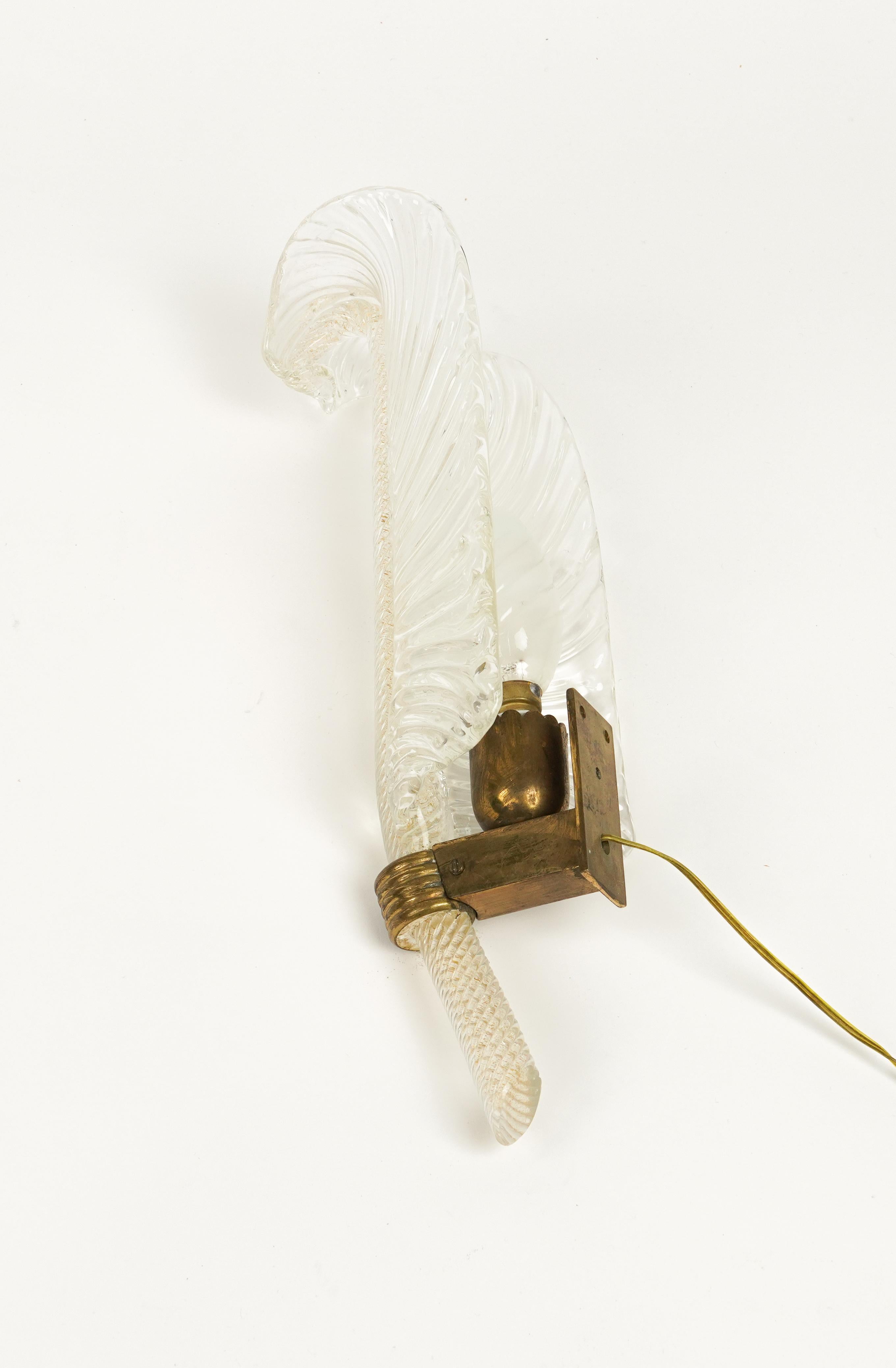 Wall Lamp Sconce in Murano Glass and Brass by Barovier & Toso, Italy 1940s For Sale 2
