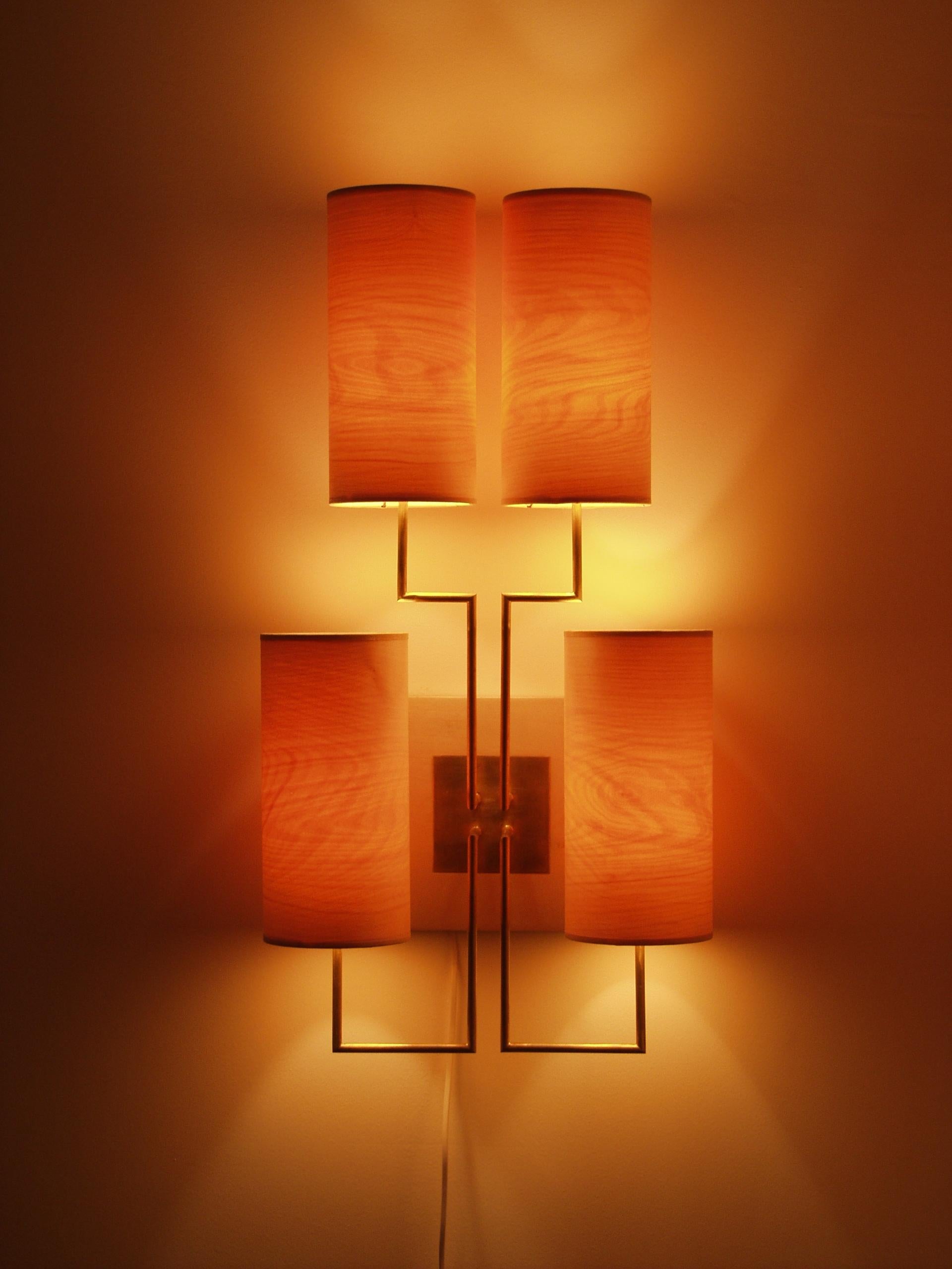 Modern Wall Lamp Sconce “Tige4” Gold Bronze Patina, Wooden Lampshades by Aymeric Lefort For Sale