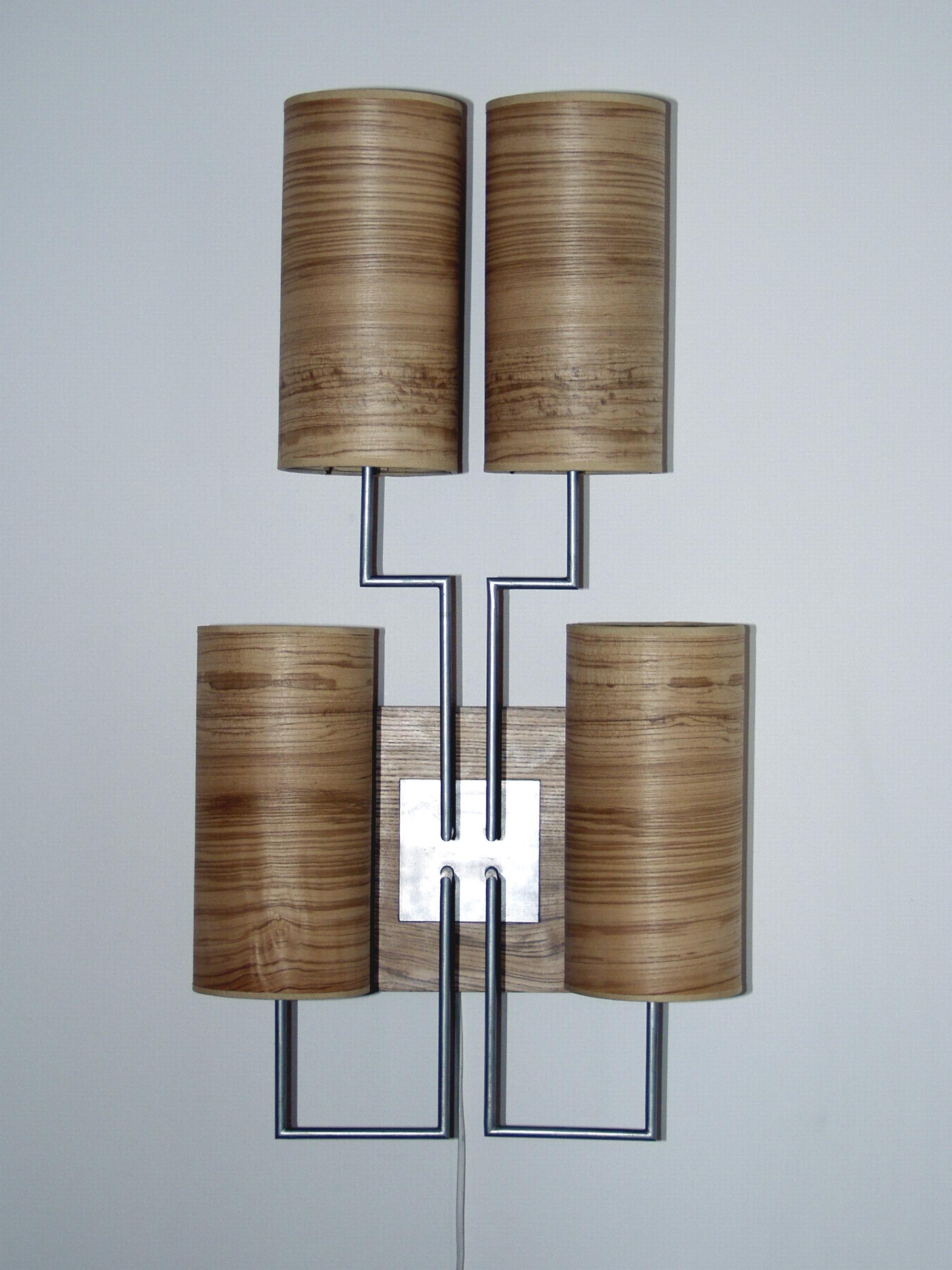 French Wall Lamp Sconce “Tige4” Gold Bronze Patina, Wooden Lampshades by Aymeric Lefort For Sale