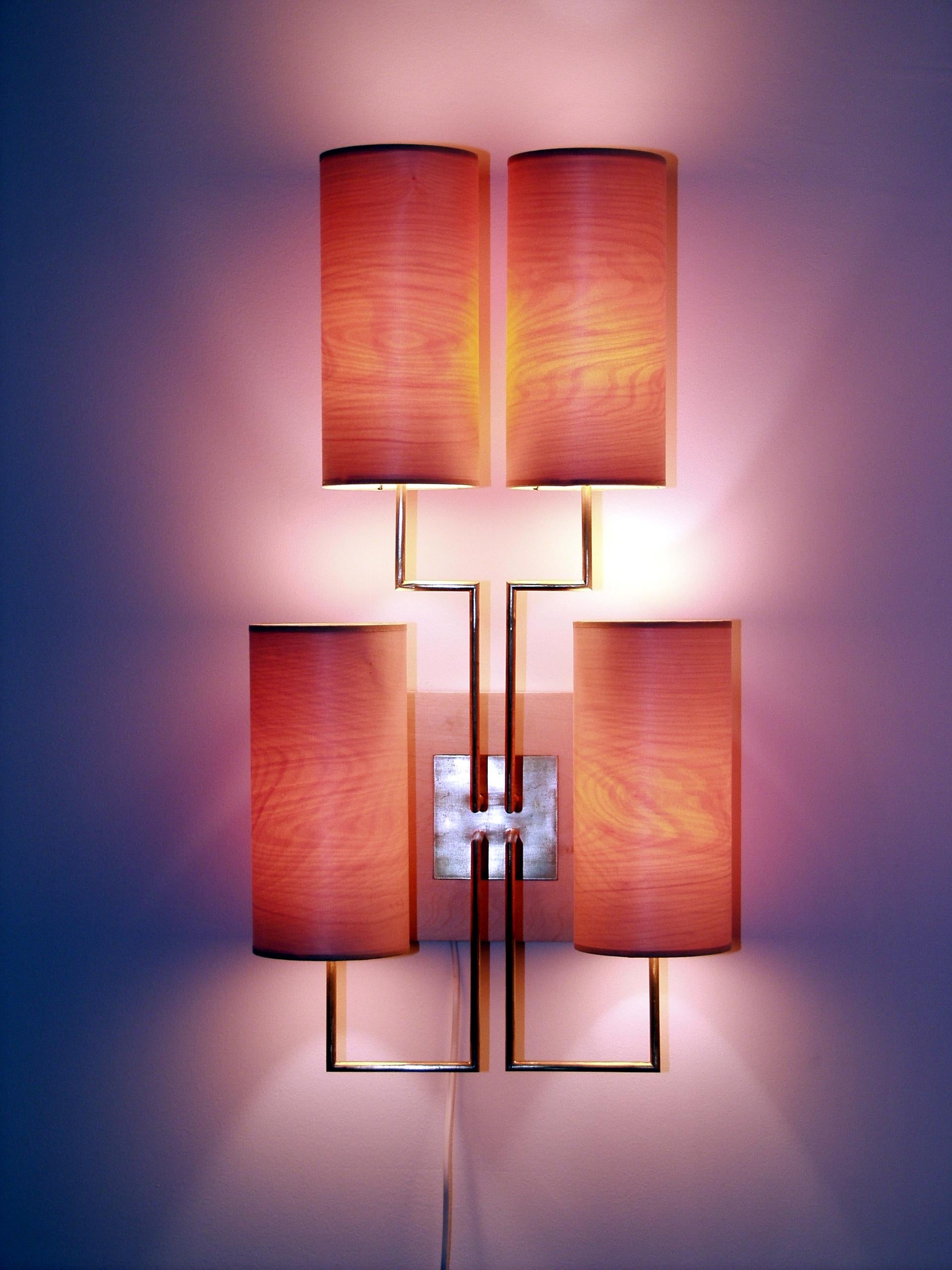 Patinated Wall Lamp Sconce “Tige4” Gold Bronze Patina, Wooden Lampshades by Aymeric Lefort For Sale