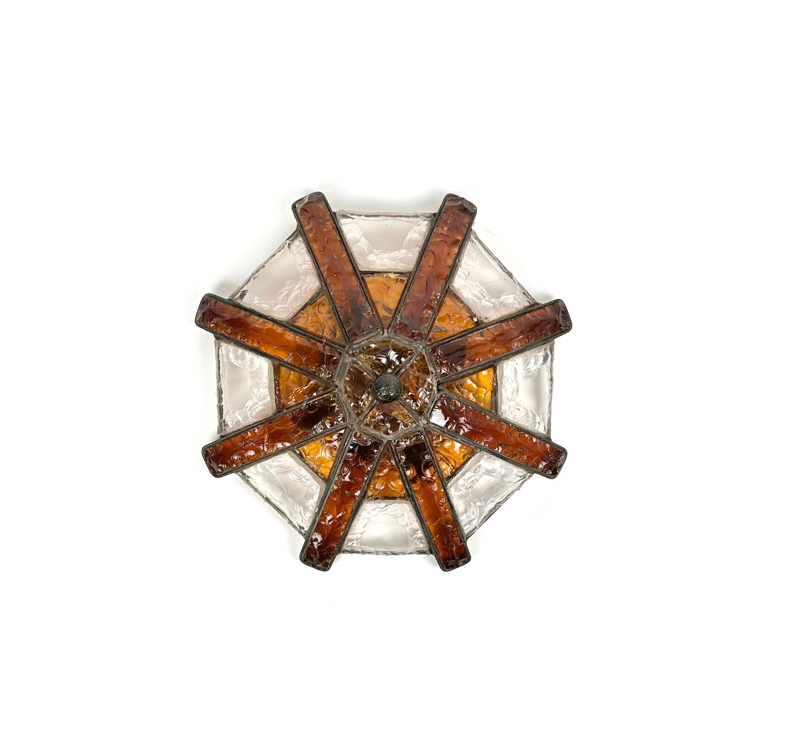 Wall Lamp Sconce Wrought Iron & Hammered Glass by Longobard, Italy, 1970s In Good Condition For Sale In Rome, IT