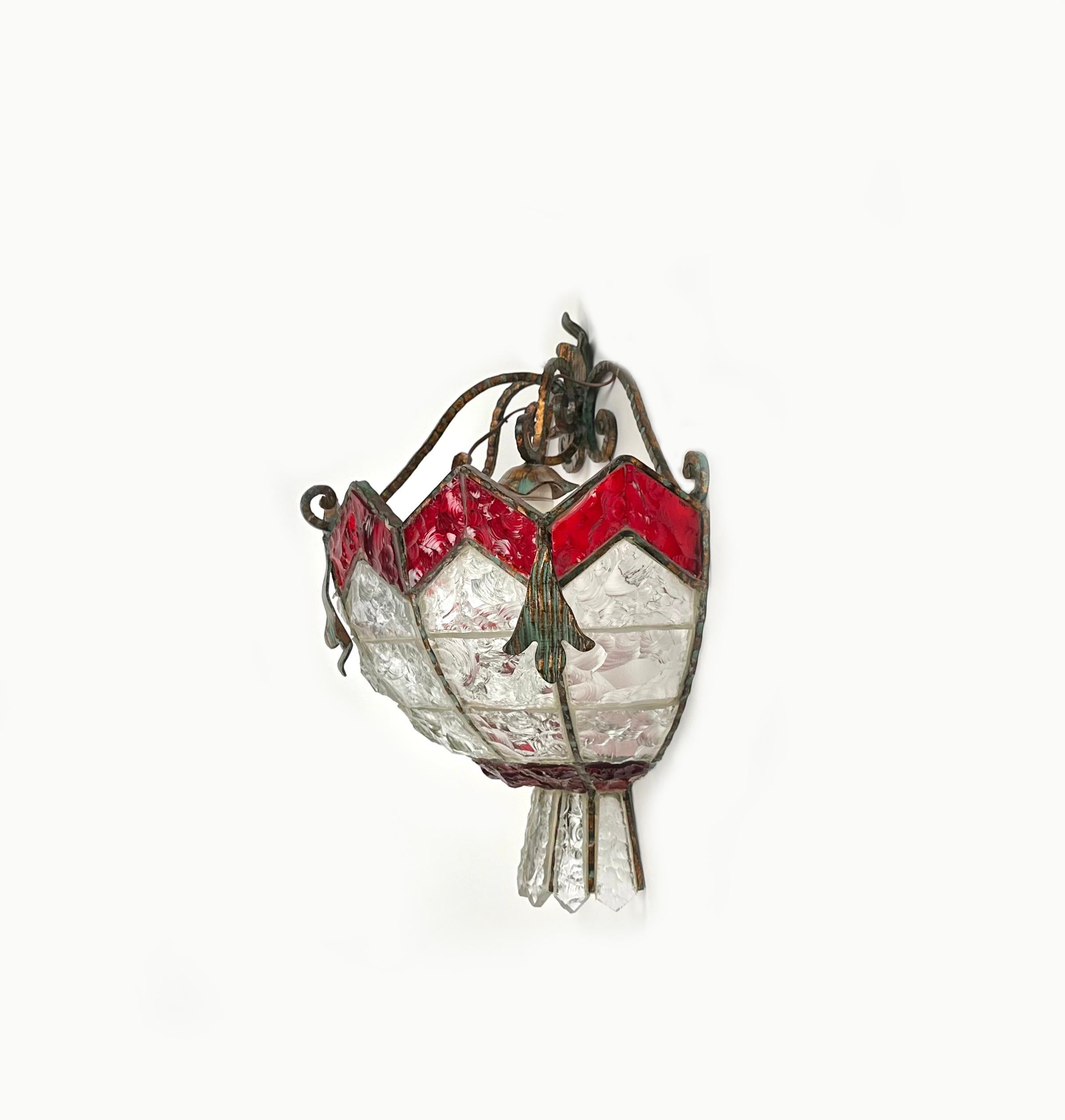 Late 20th Century Wall Lamp Sconce Wrought Iron & Hammered Glass by Longobard, Italy, 1970s For Sale