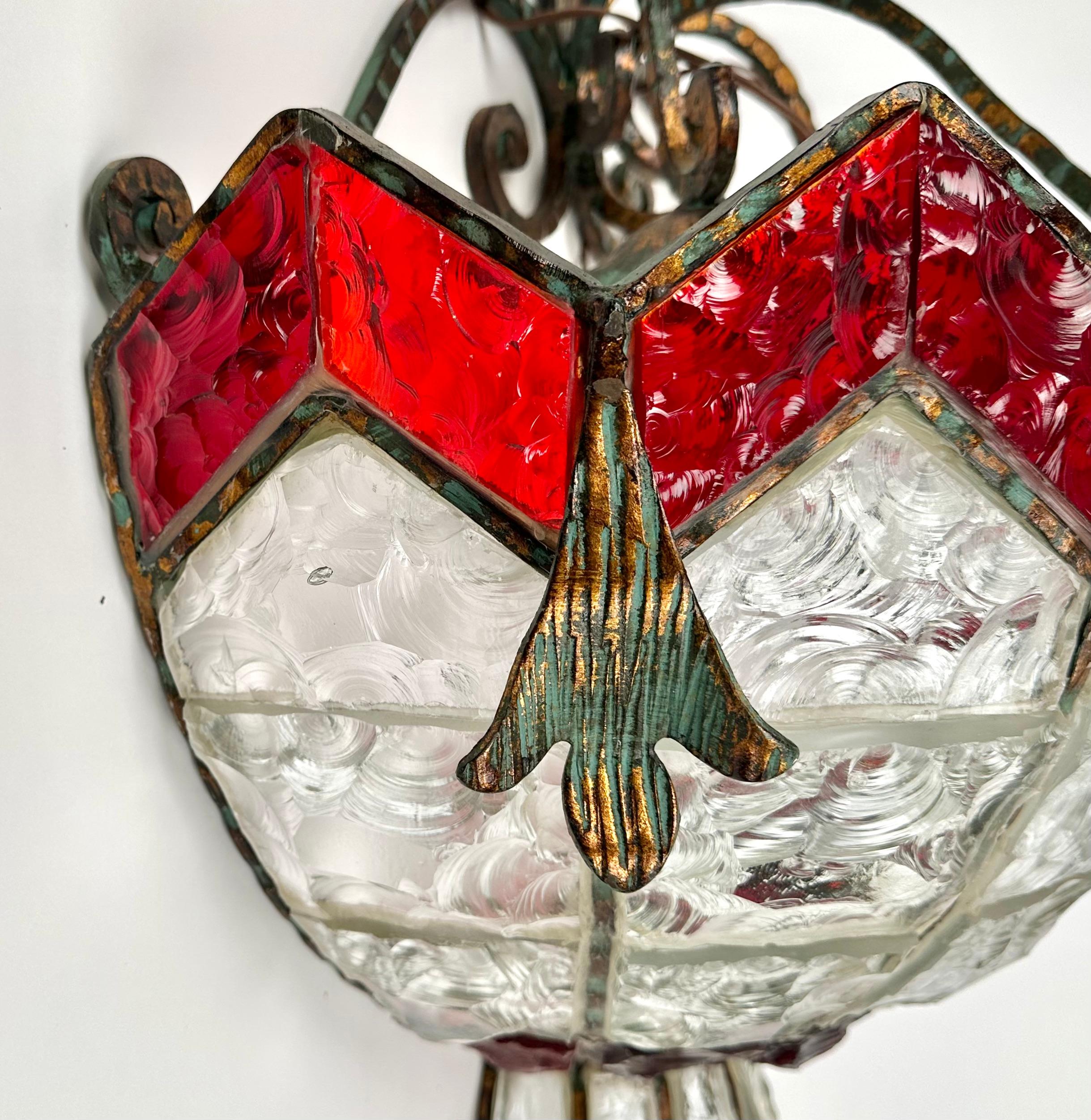 Wall Lamp Sconce Wrought Iron & Hammered Glass by Longobard, Italy, 1970s For Sale 1