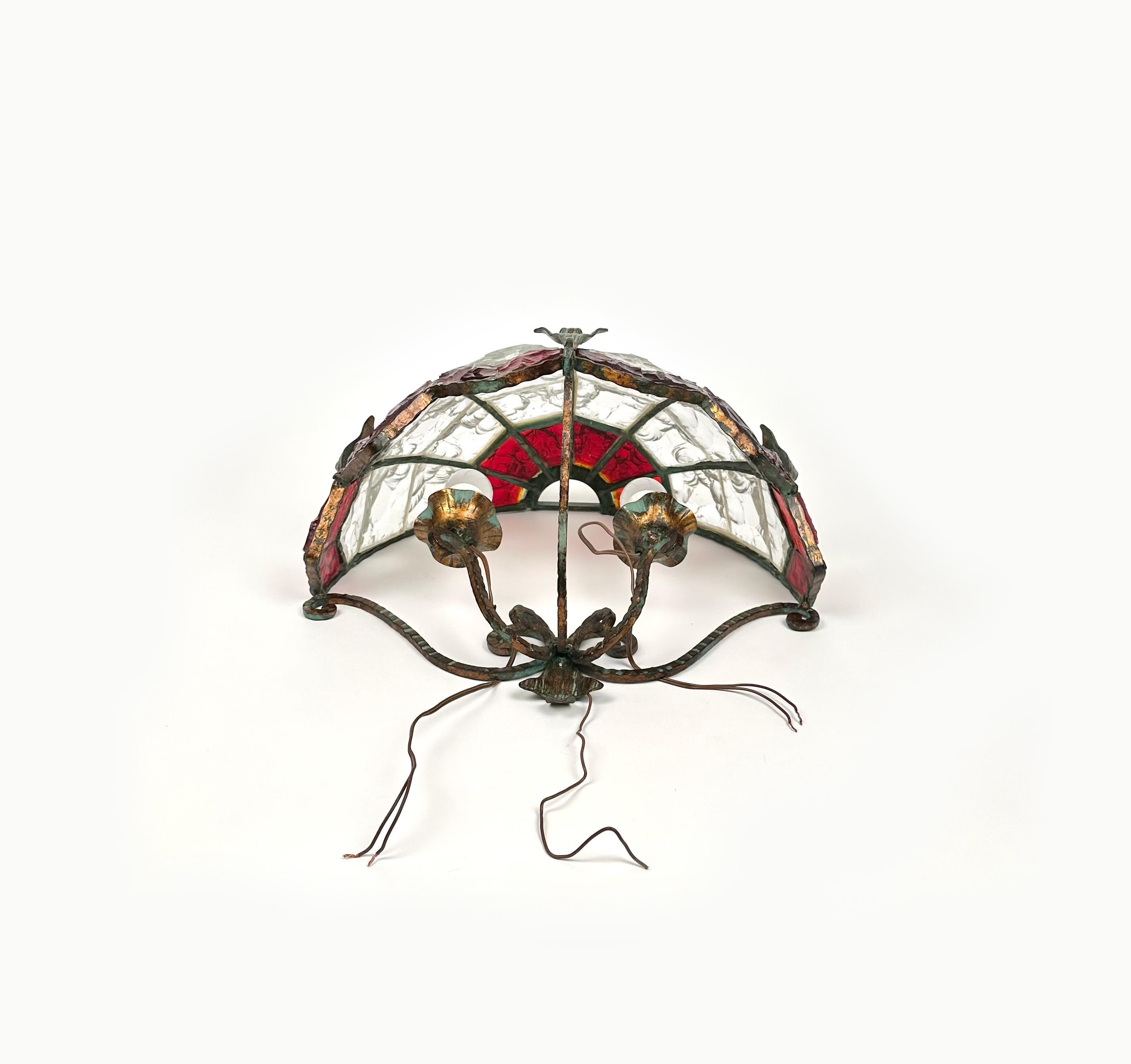 Wall Lamp Sconce Wrought Iron & Hammered Glass by Longobard, Italy, 1970s For Sale 2