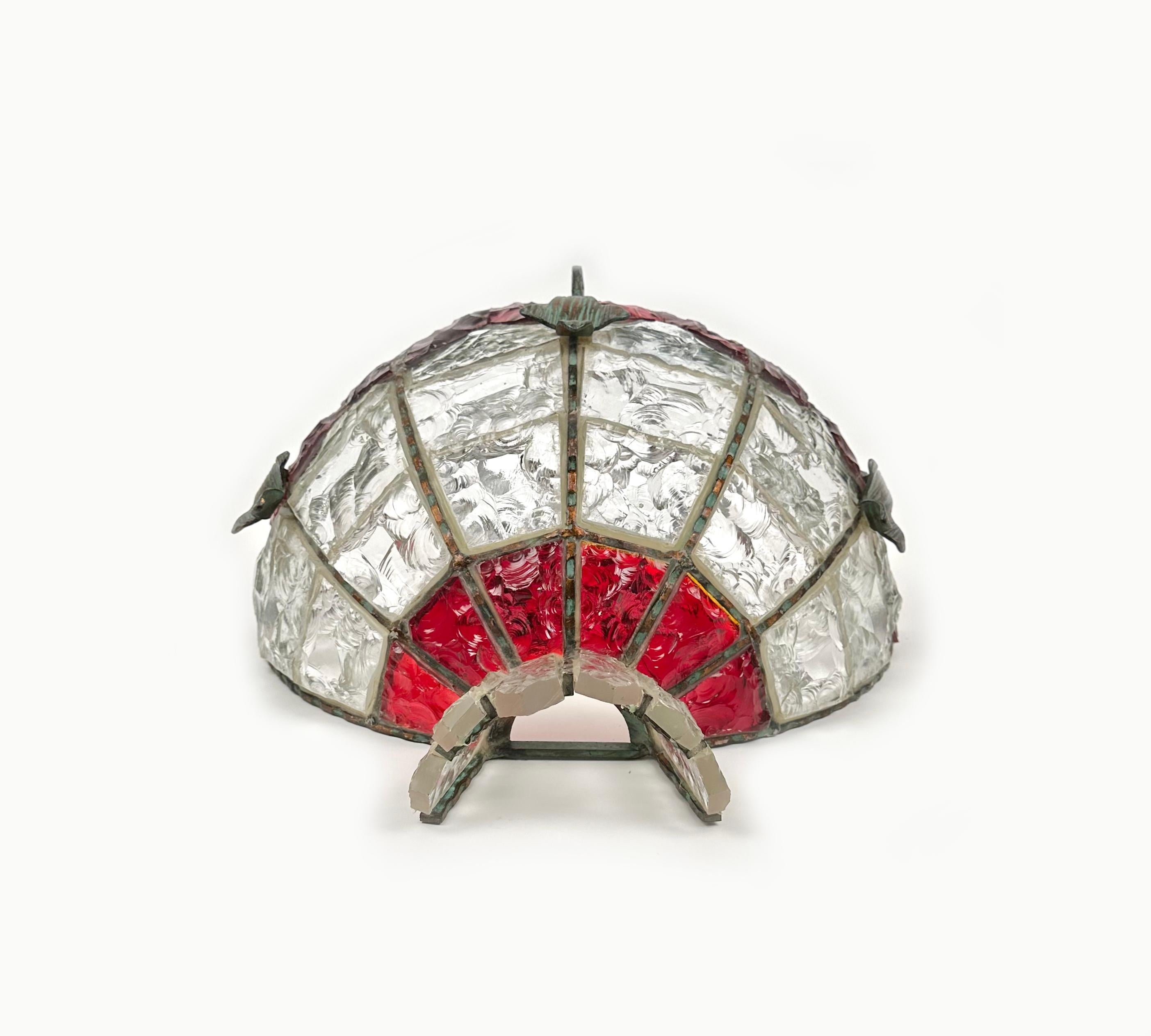 Wall Lamp Sconce Wrought Iron & Hammered Glass by Longobard, Italy, 1970s For Sale 2