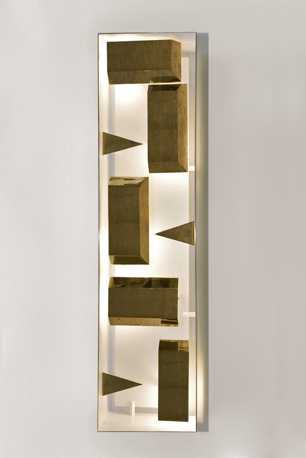 Wall lamp rectangular 'Screen of Light' designed by Gio Ponti limited edition 2012-2017 not treated brass Wall sculpture light, wall sconce in polished not treated brass, a lamp of timeless iconic design. Handcrafted product, realized by Pollice