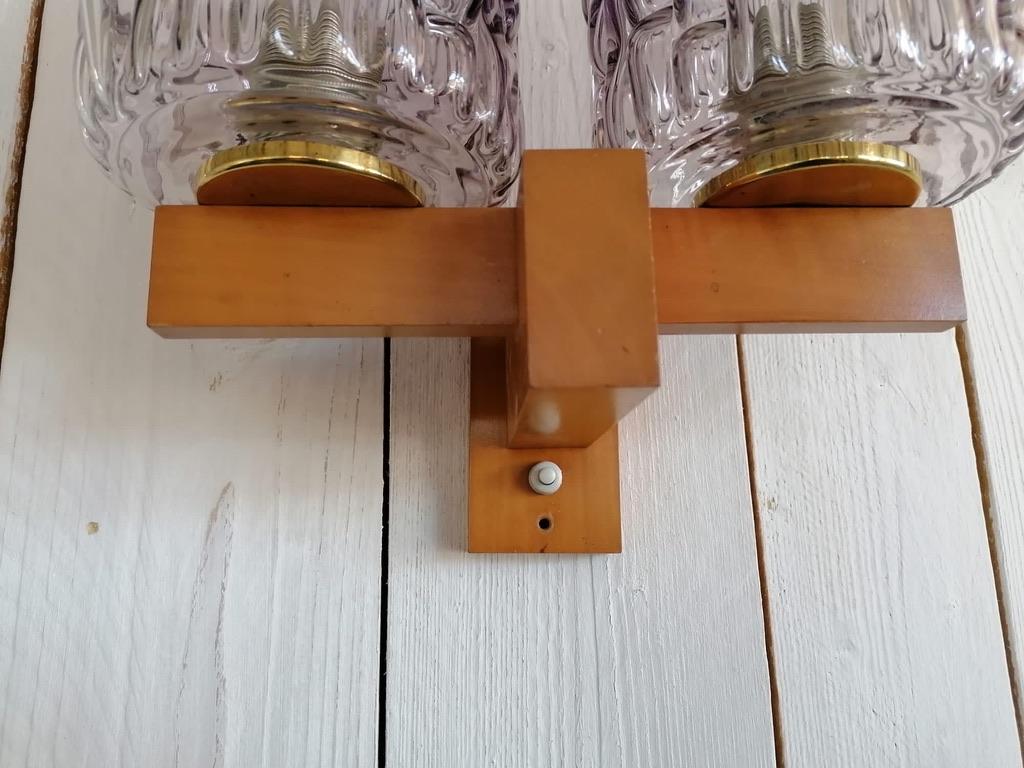 Mid-Century Modern Wall Lamp Teak and Violet Glass by Rupert Nikoll For Sale