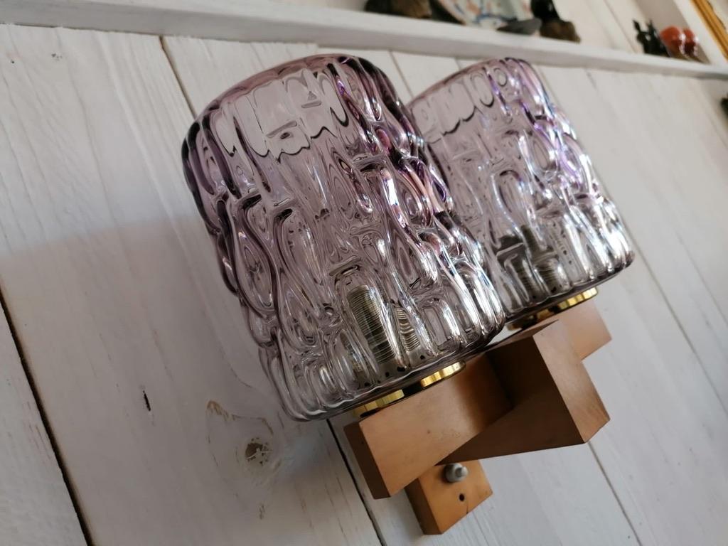 Austrian Wall Lamp Teak and Violet Glass by Rupert Nikoll For Sale