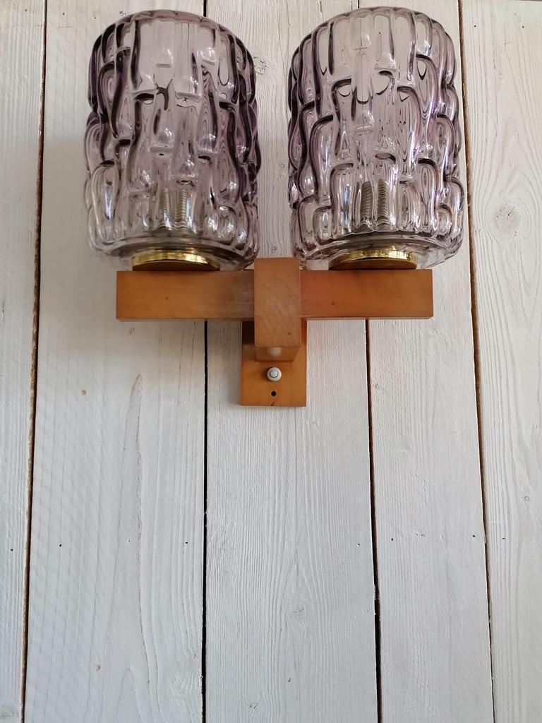 Wall Lamp Teak and Violet Glass by Rupert Nikoll For Sale 1