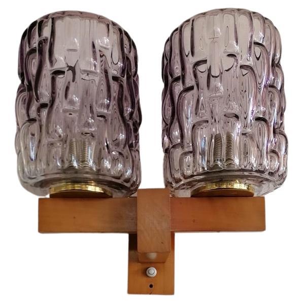 Wall Lamp Teak and Violet Glass by Rupert Nikoll For Sale