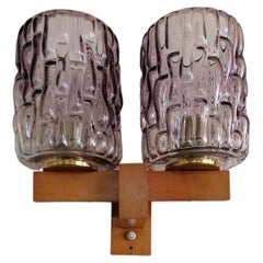 Vintage Wall Lamp Teak and Violet Glass by Rupert Nikoll