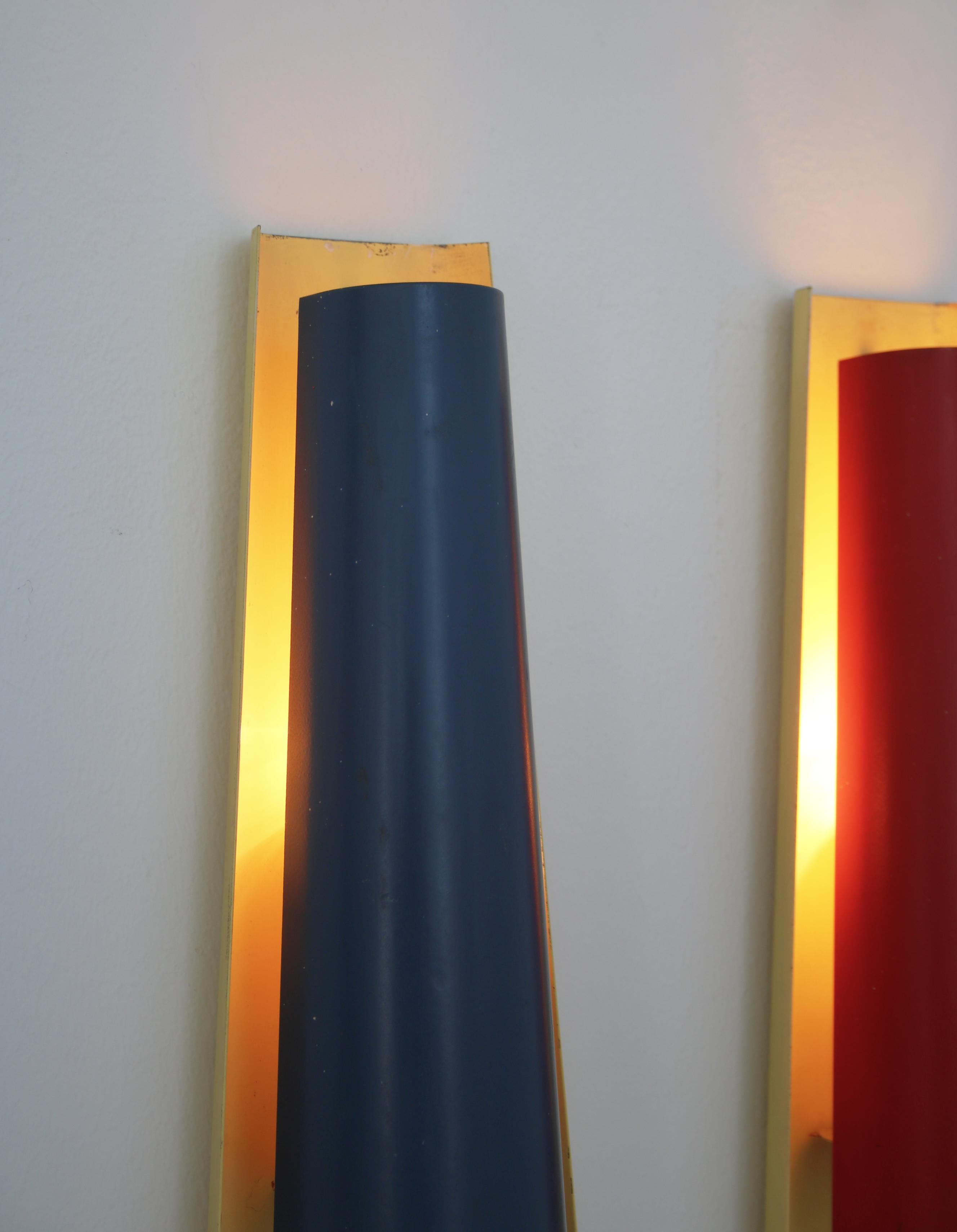 Danish Blue Red Yellow Wall sconces, Henning Wind-Hansen for Voss,  Denmark, 1960s For Sale