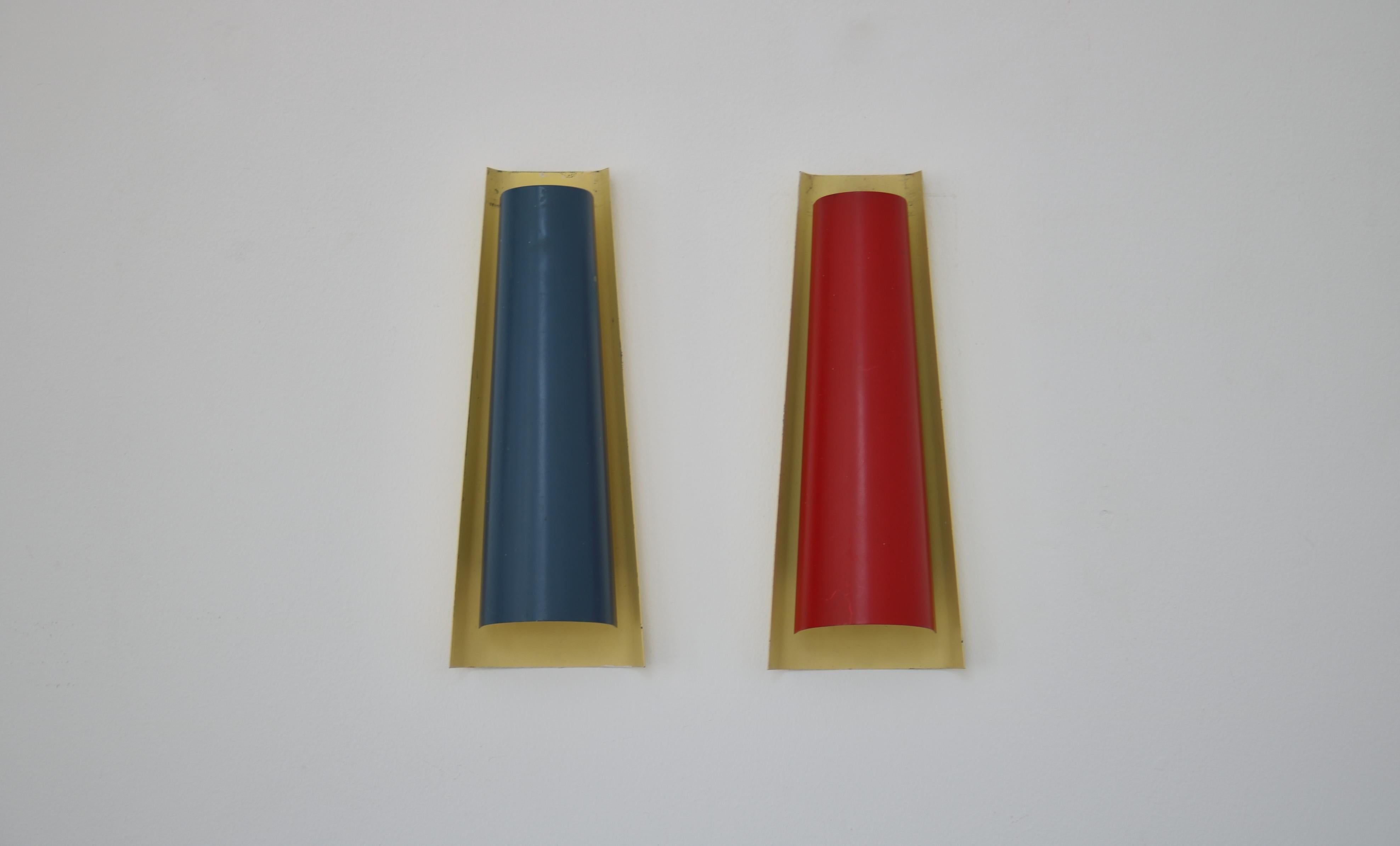Blue Red Yellow Wall sconces, Henning Wind-Hansen for Voss,  Denmark, 1960s In Good Condition For Sale In Odense, DK