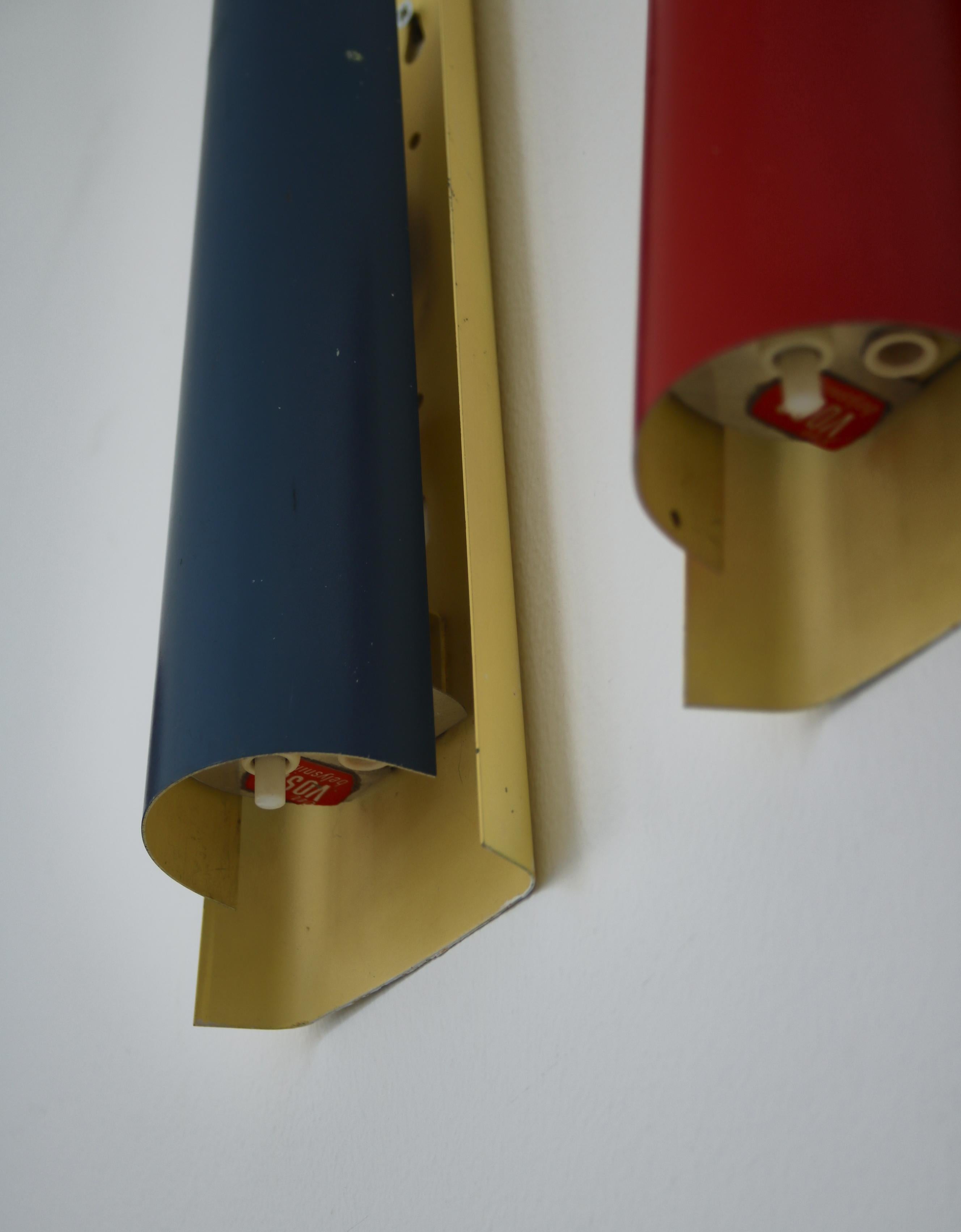 Mid-20th Century Blue Red Yellow Wall sconces, Henning Wind-Hansen for Voss,  Denmark, 1960s For Sale