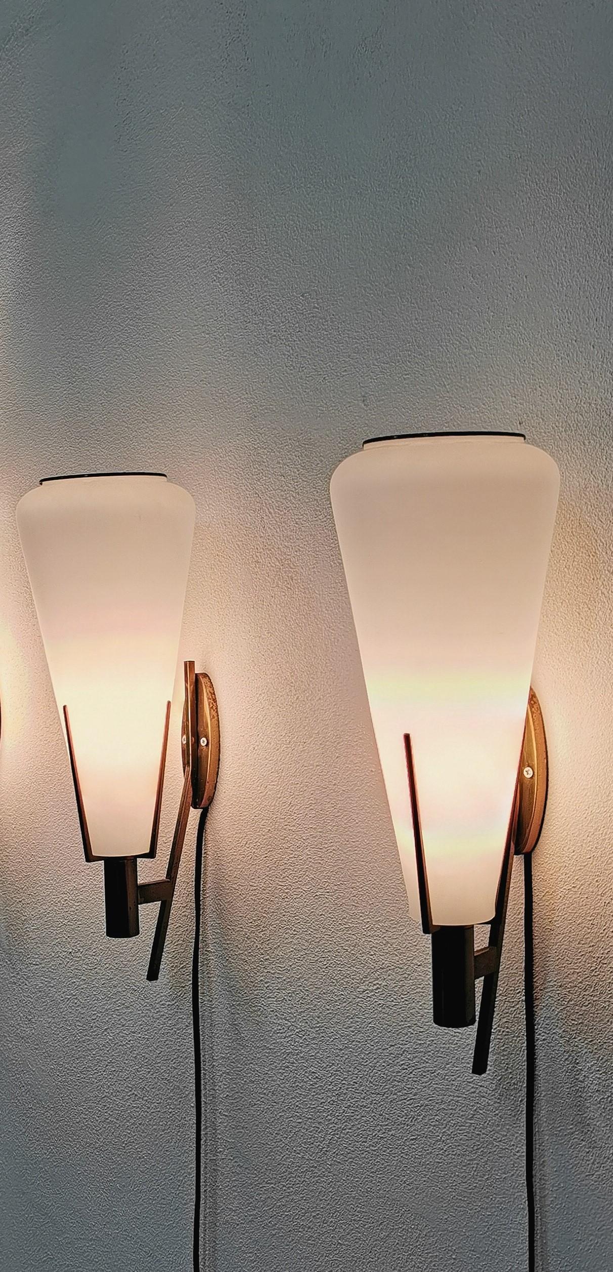 Mid-Century Modern Mid Century Wall Lamps Opal Glass Brass Attributed to Stilnovo Italy 1950s