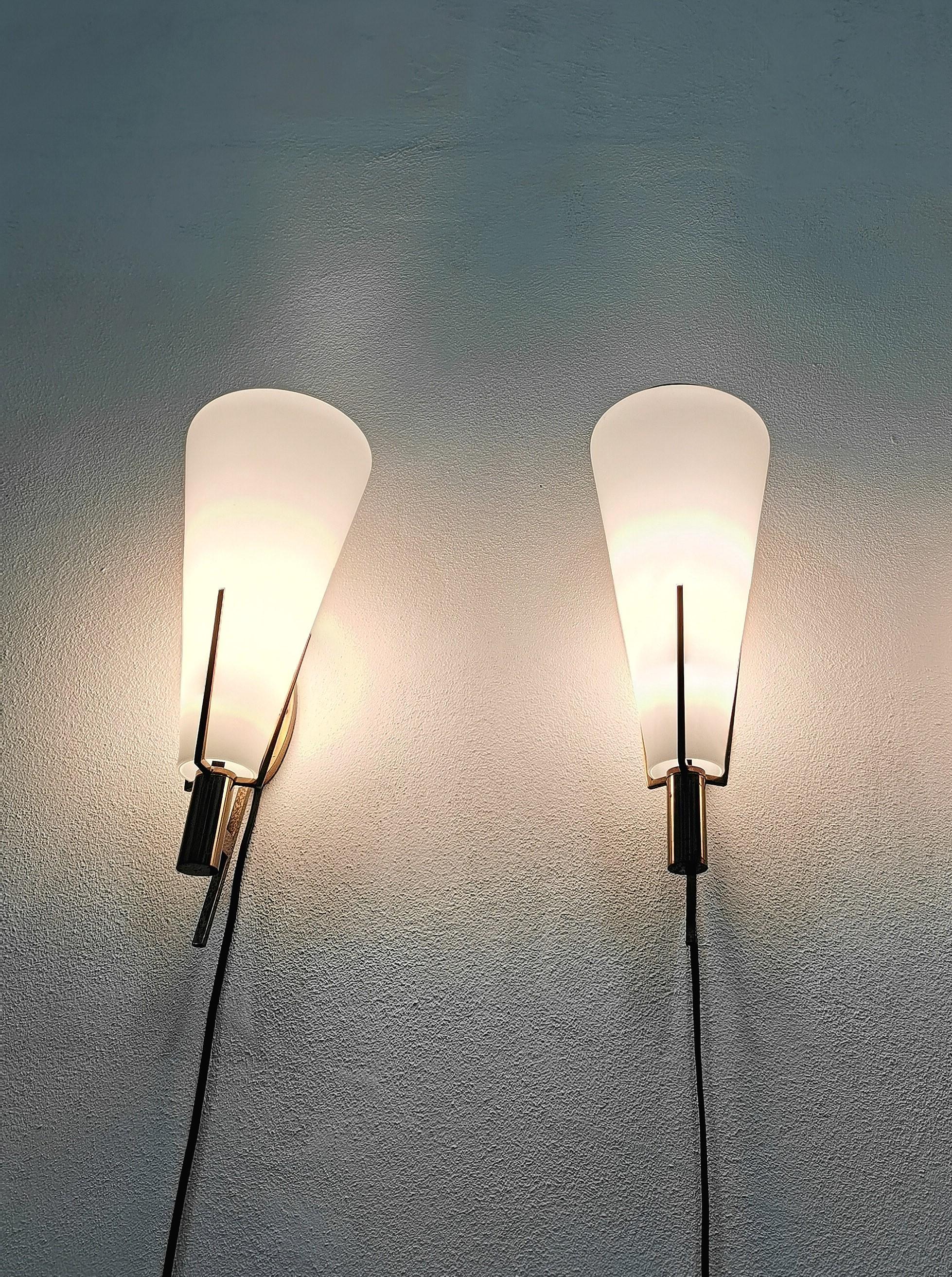 20th Century Mid Century Wall Lamps Opal Glass Brass Attributed to Stilnovo Italy 1950s