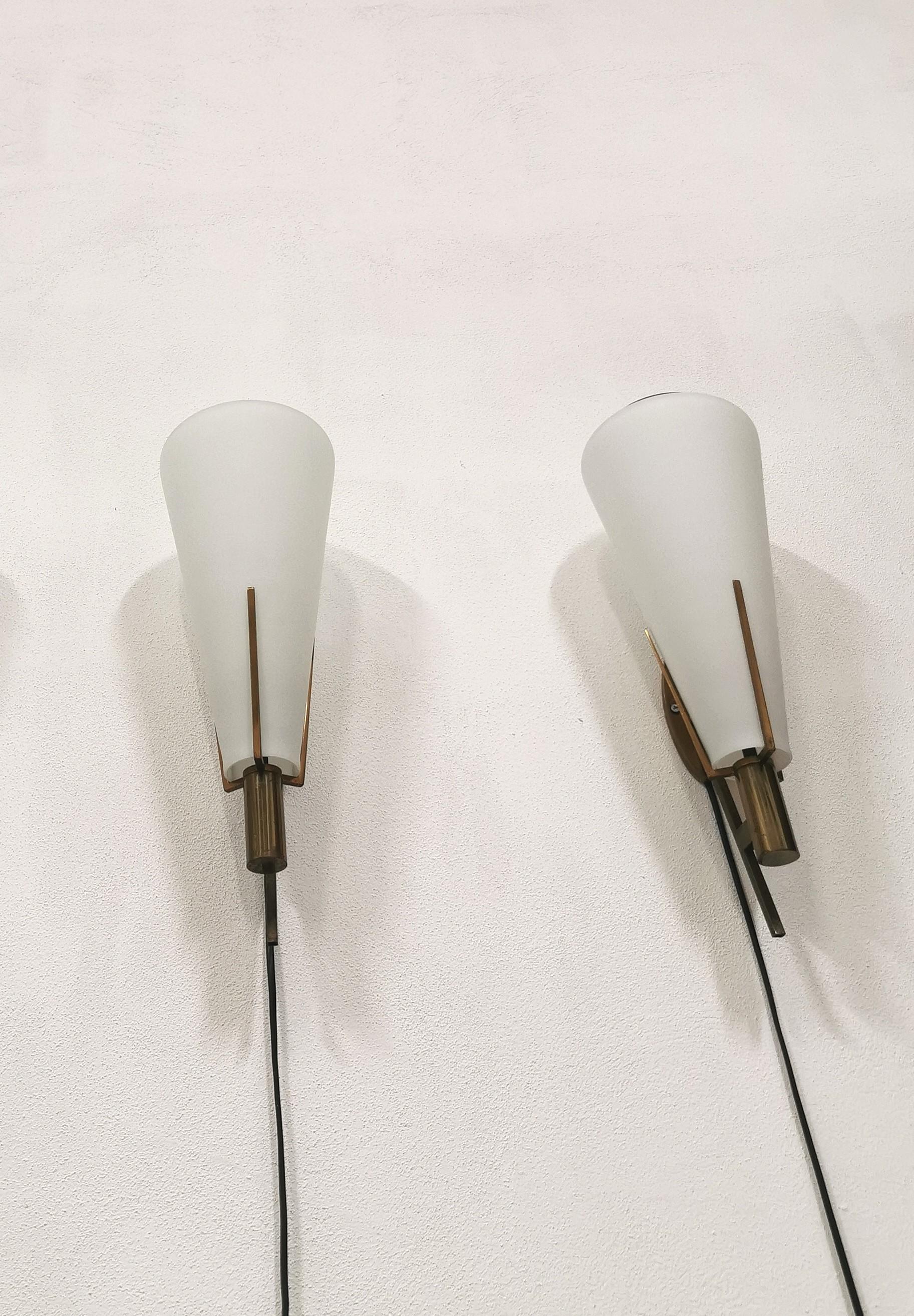 Mid Century Wall Lamps Opal Glass Brass Attributed to Stilnovo Italy 1950s 1