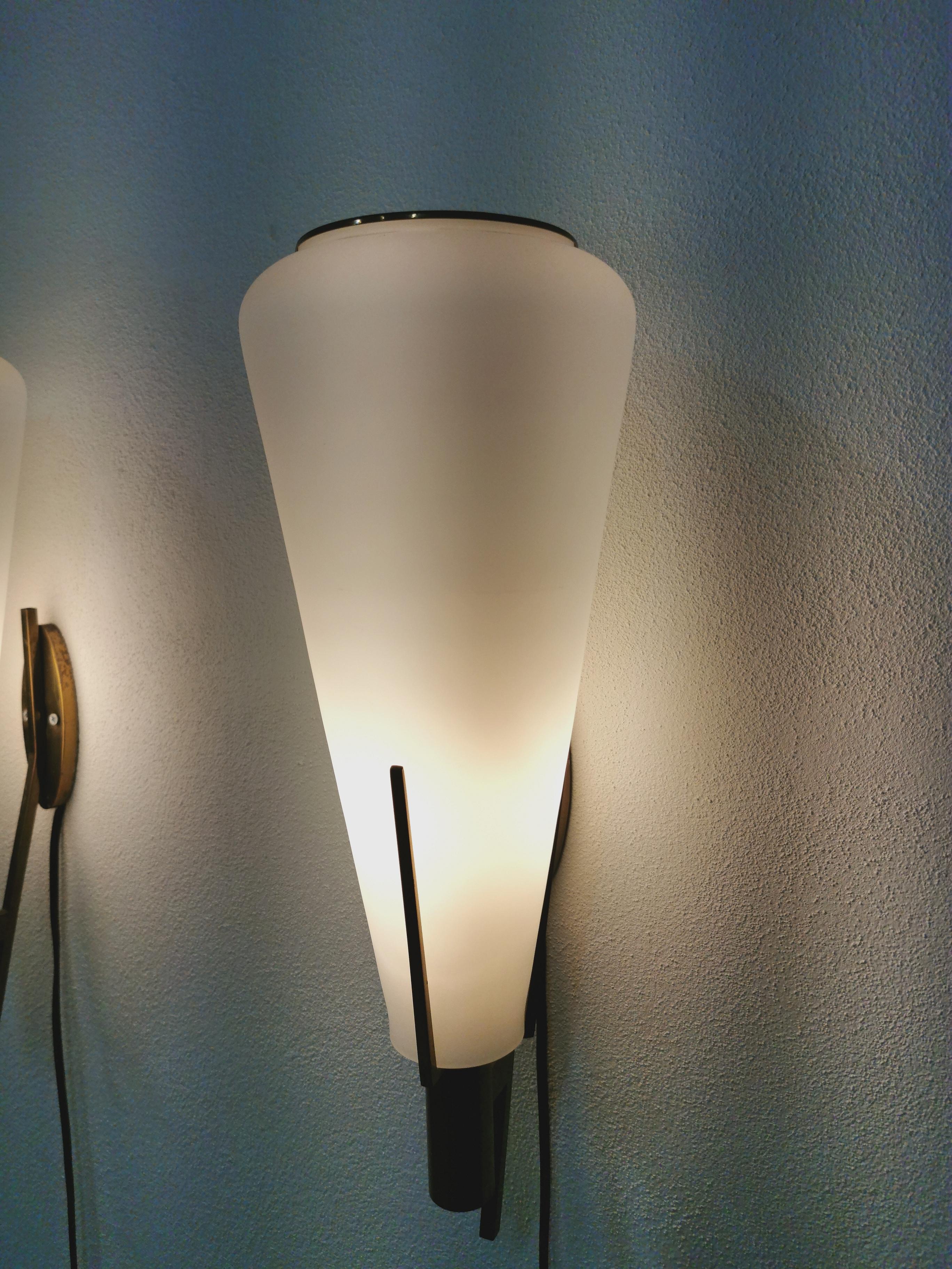 Mid Century Wall Lamps Opal Glass Brass Attributed to Stilnovo Italy 1950s 2