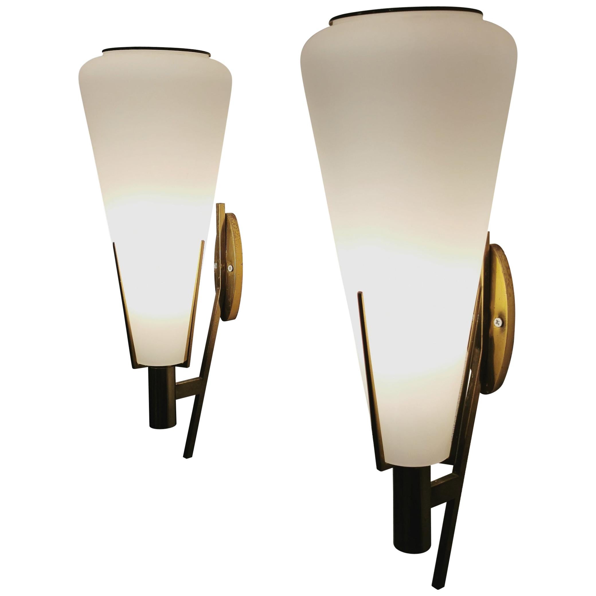 Mid Century Wall Lamps Opal Glass Brass Attributed to Stilnovo Italy 1950s