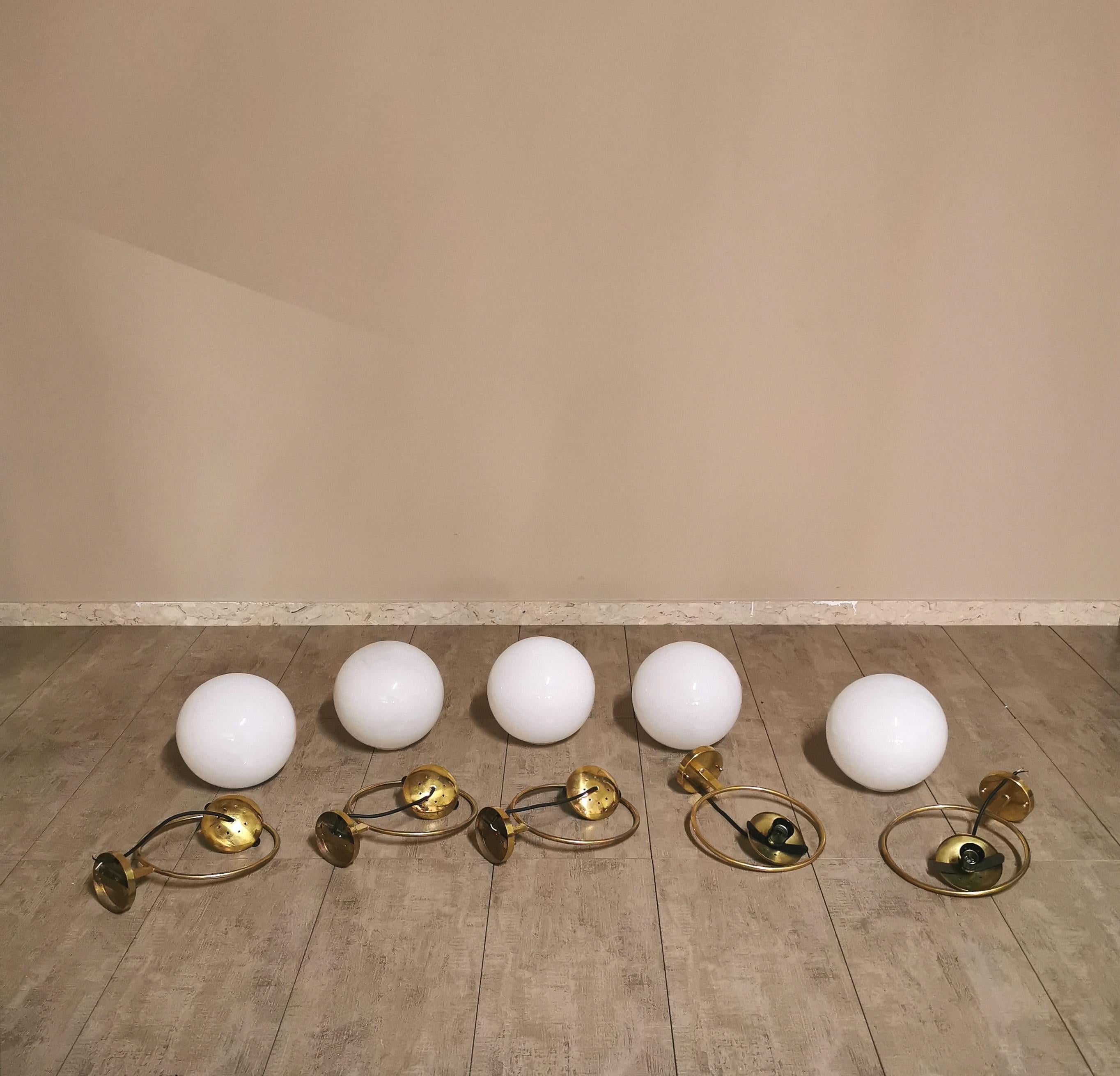 Wall lamps Brass White Glass Mid Century Italian Design 1960s Set of 5 7