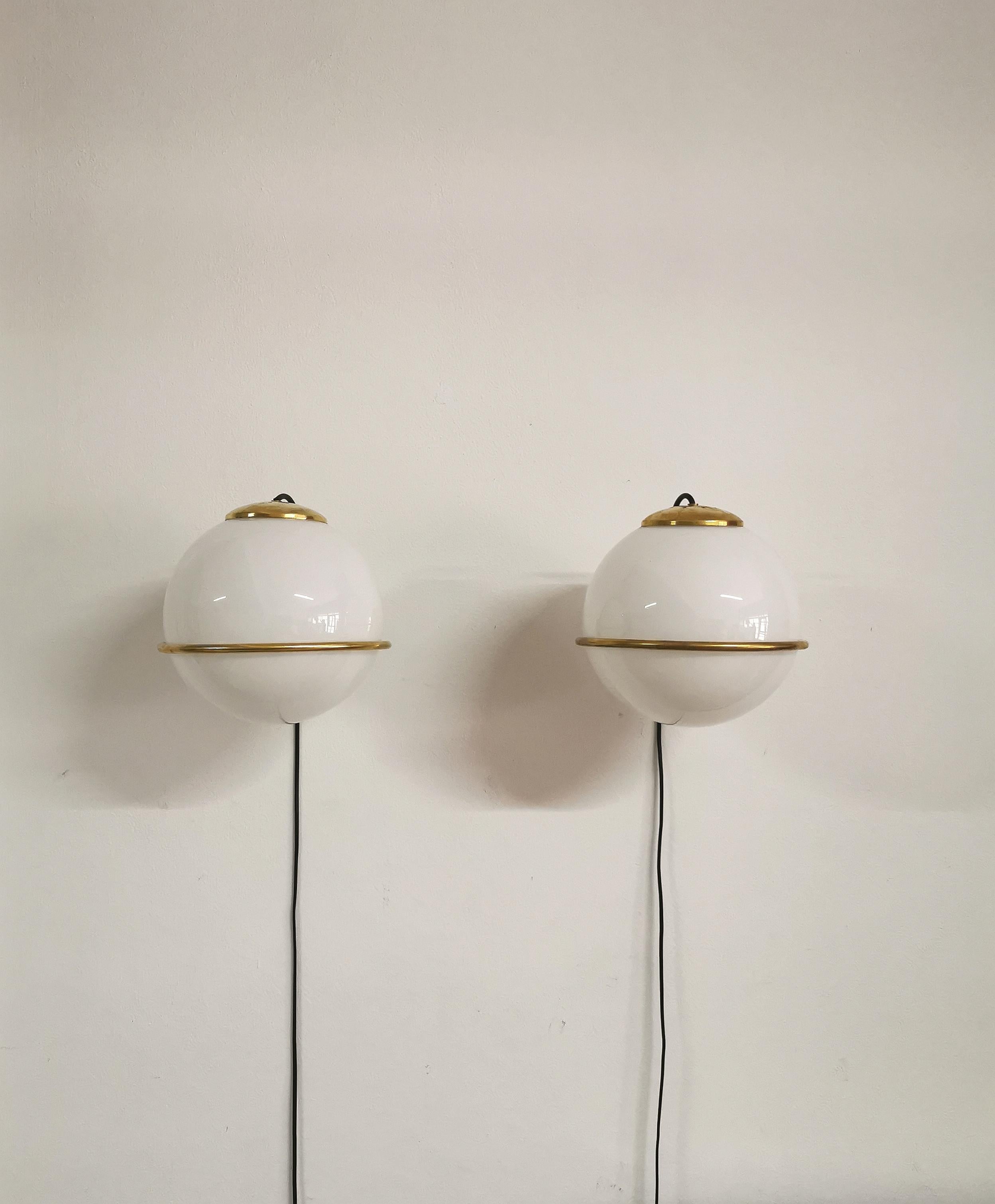 Mid-Century Modern Wall lamps Brass White Glass Mid Century Italian Design 1960s Set of 5