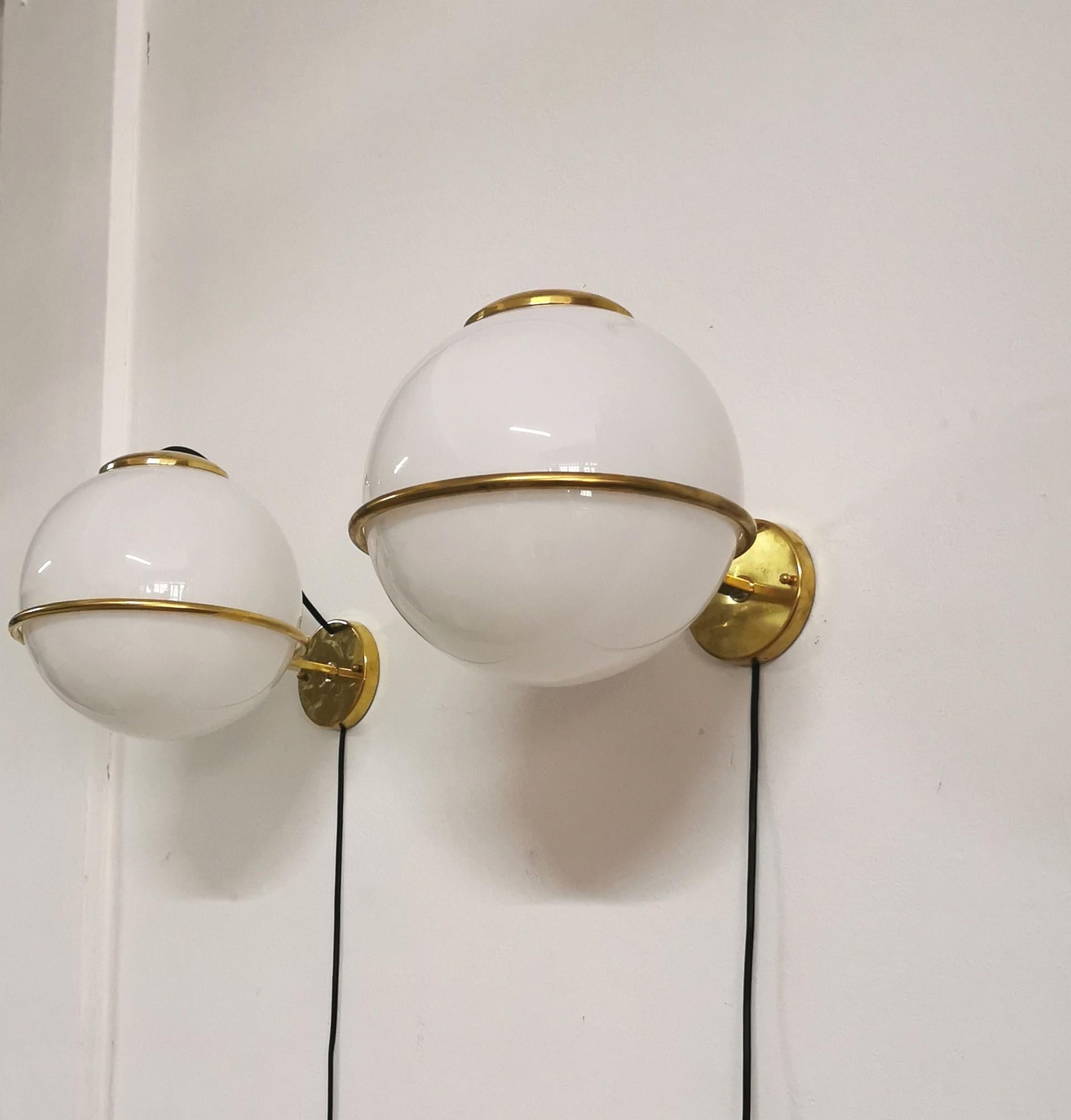 20th Century Wall lamps Brass White Glass Mid Century Italian Design 1960s Set of 5