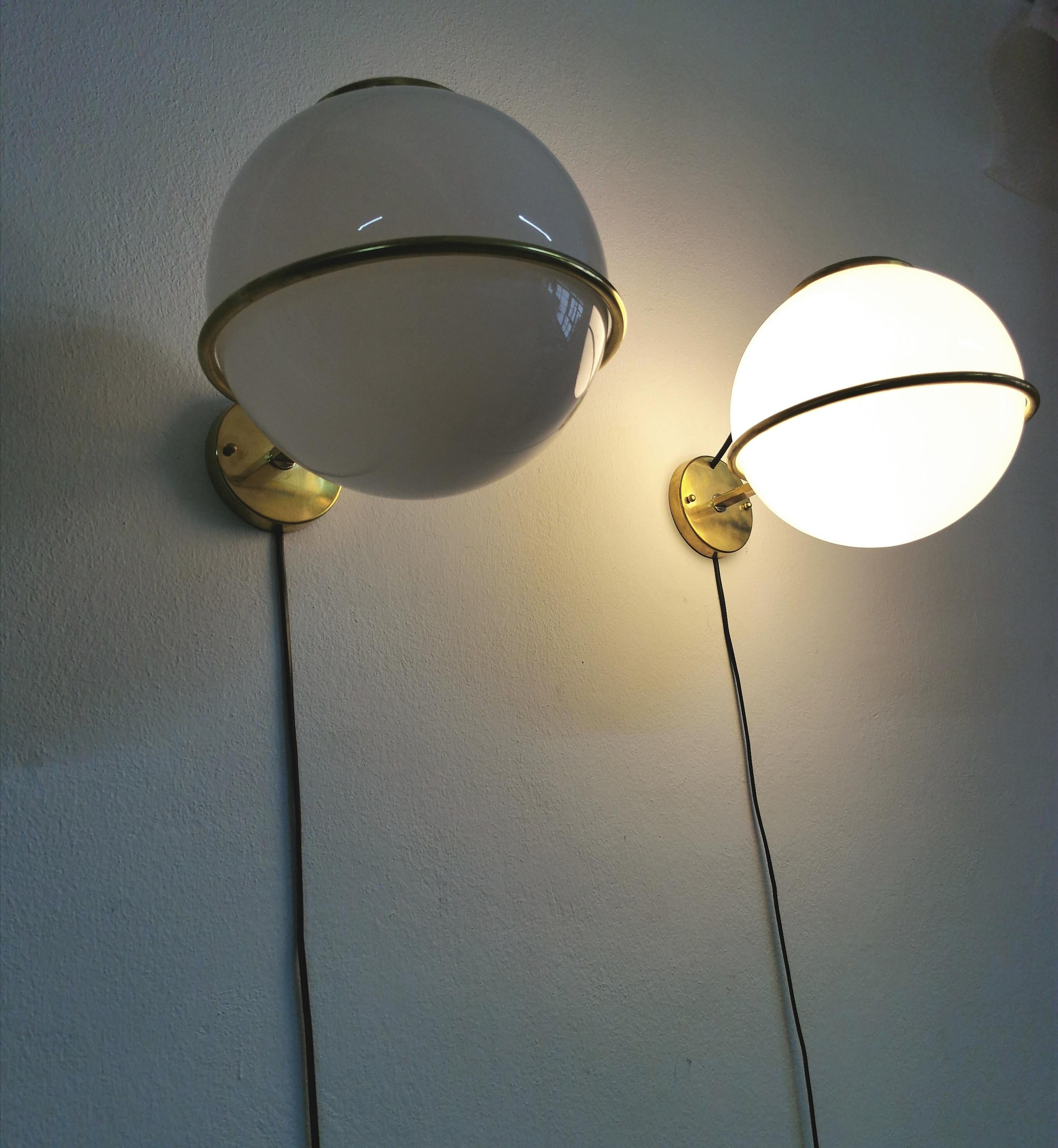 Wall lamps Brass White Glass Mid Century Italian Design 1960s Set of 5 3