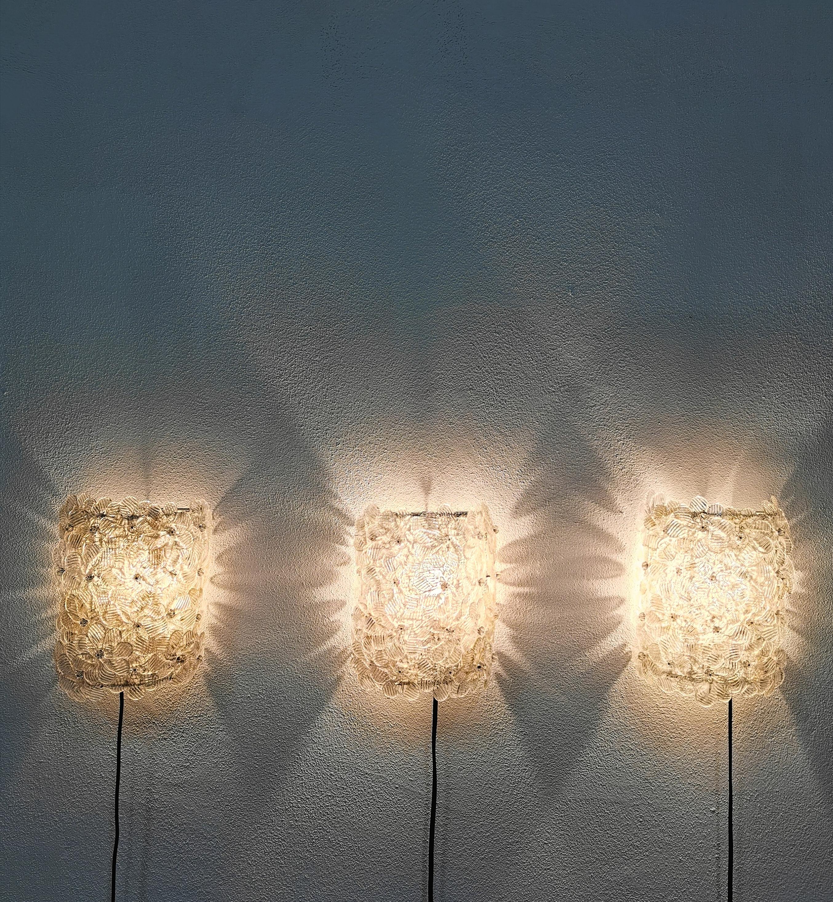 20th Century Wall Lights Murano Glass Metal Mid Century by Barovier&Toso Italy 1960s Set of 3