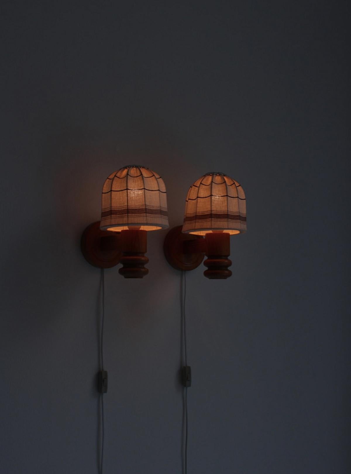 Swedish Wall Lamps in Pine and Textile Shades by Solbackens Svarveri, Sweden, 1970s