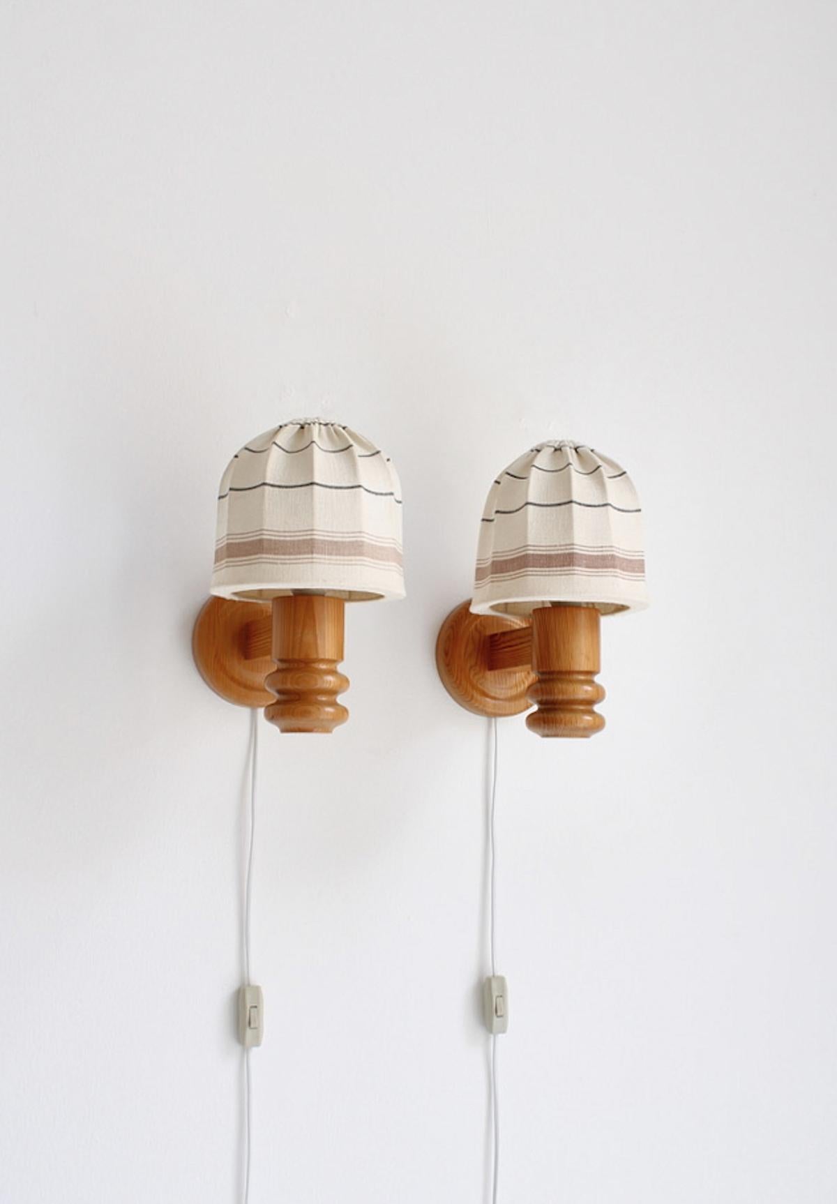 Late 20th Century Wall Lamps in Pine and Textile Shades by Solbackens Svarveri, Sweden, 1970s