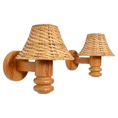 Wall Lamps in Pine with Cane Shades by Solbackens Svarveri, Sweden, 1970s