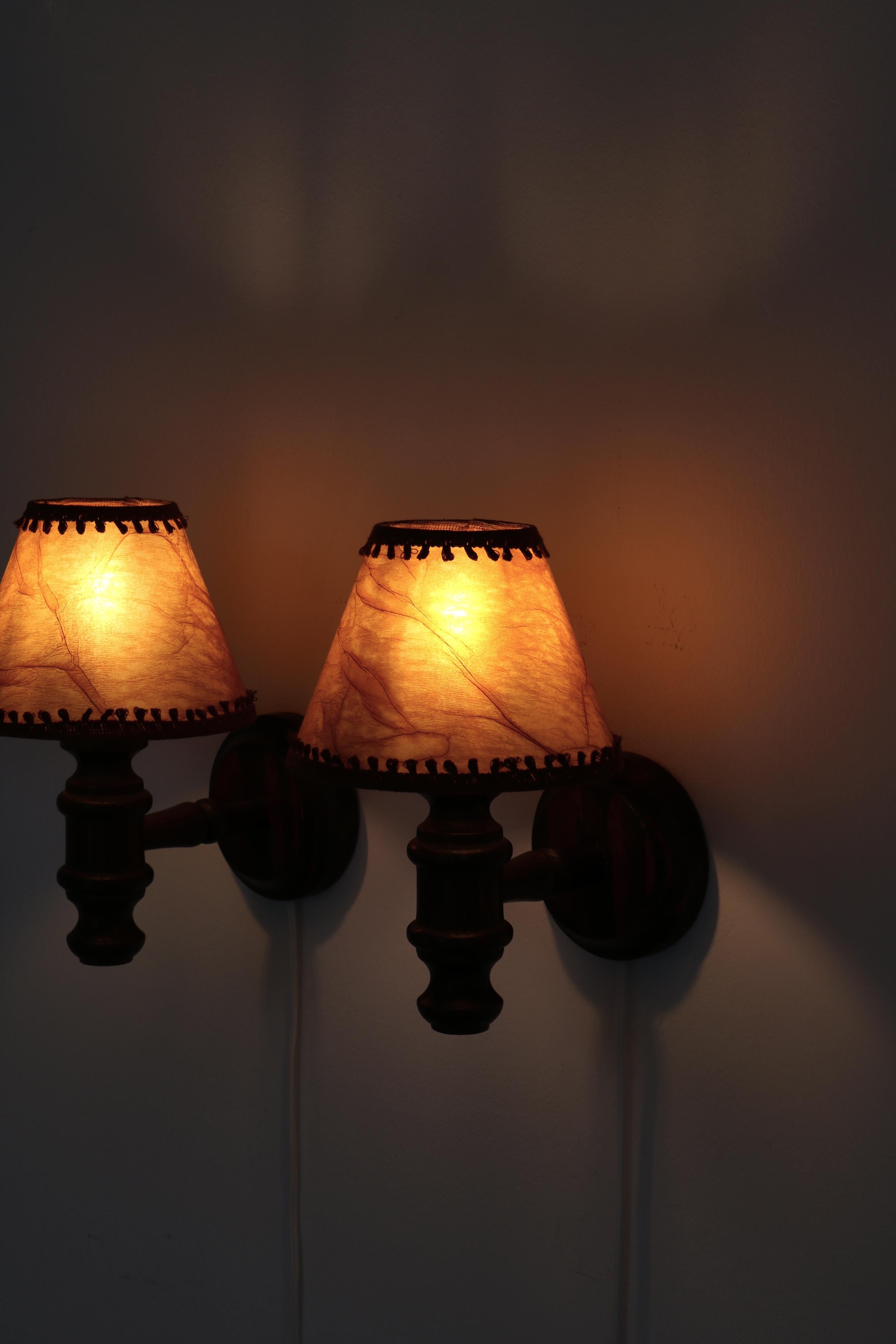 Wall Lamps in Stained Pine and Faux Leather Shades, Denmark, 1950s For Sale 5