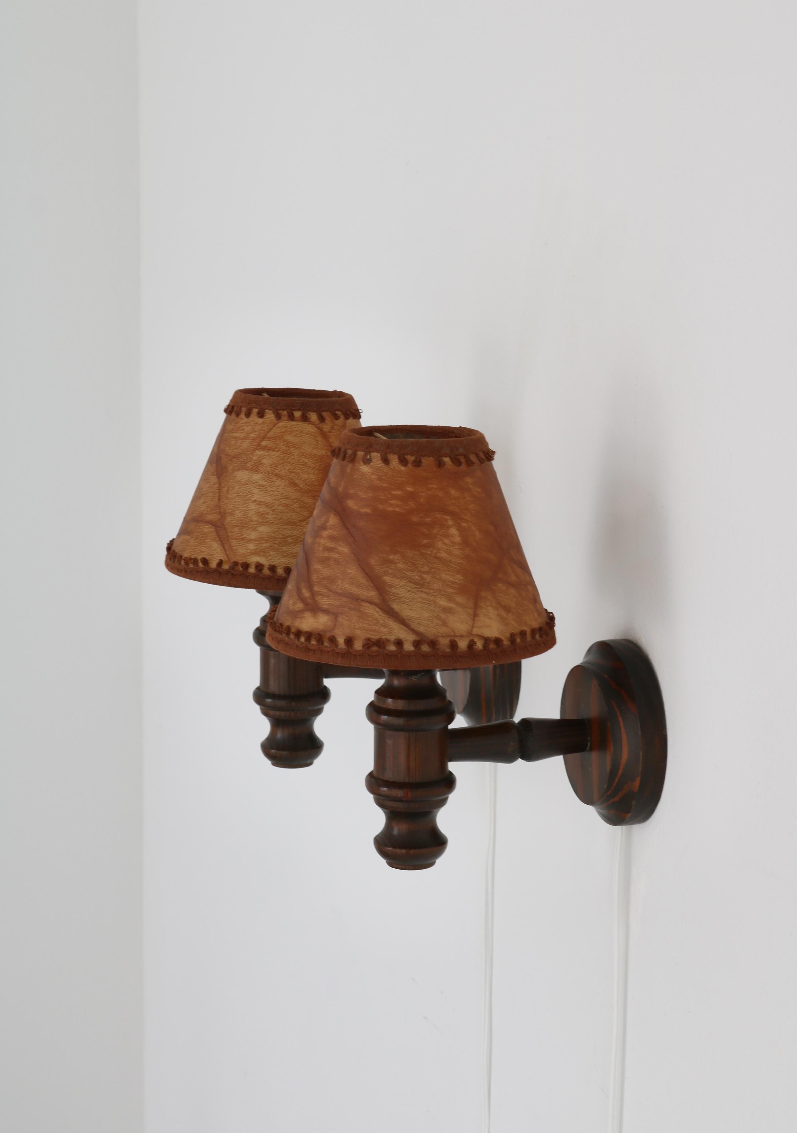 Swedish Wall Lamps in Stained Pine and Faux Leather Shades, Denmark, 1950s For Sale