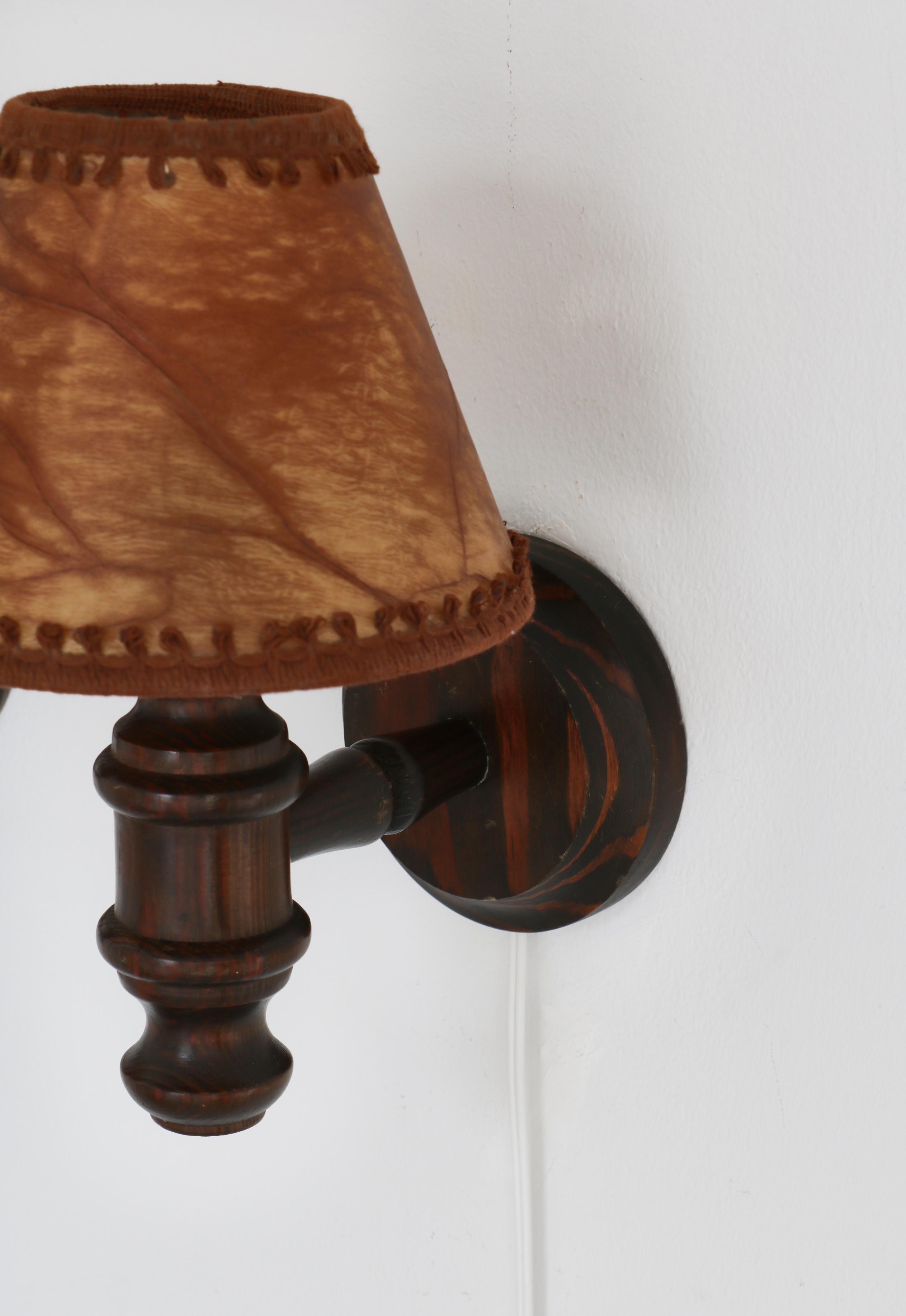 Wall Lamps in Stained Pine and Faux Leather Shades, Denmark, 1950s For Sale 1