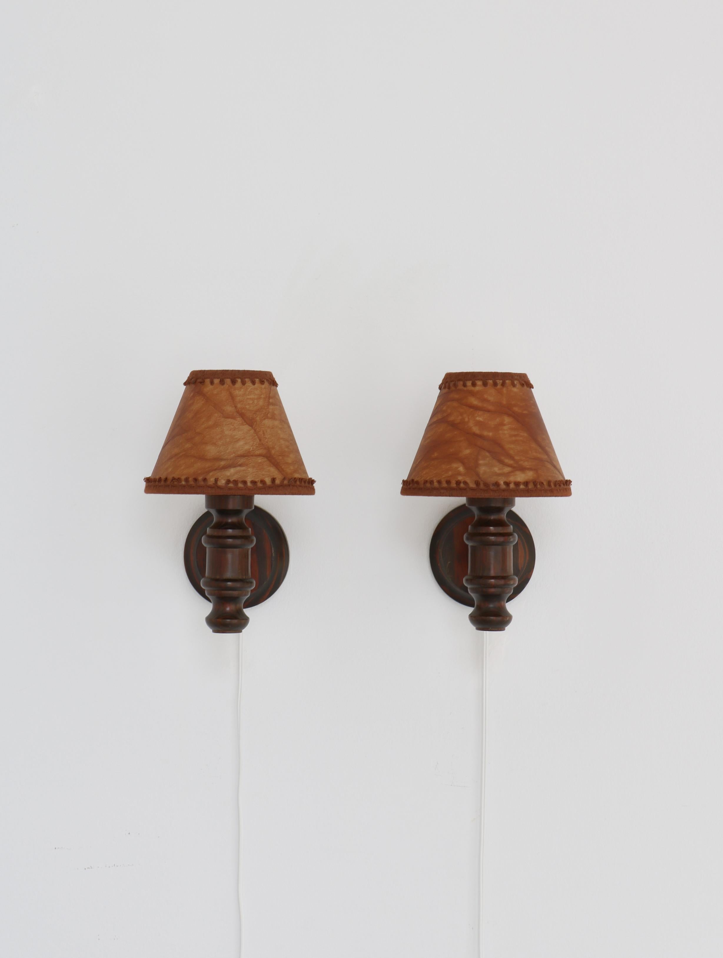 Wall Lamps in Stained Pine and Faux Leather Shades, Denmark, 1950s For Sale 2