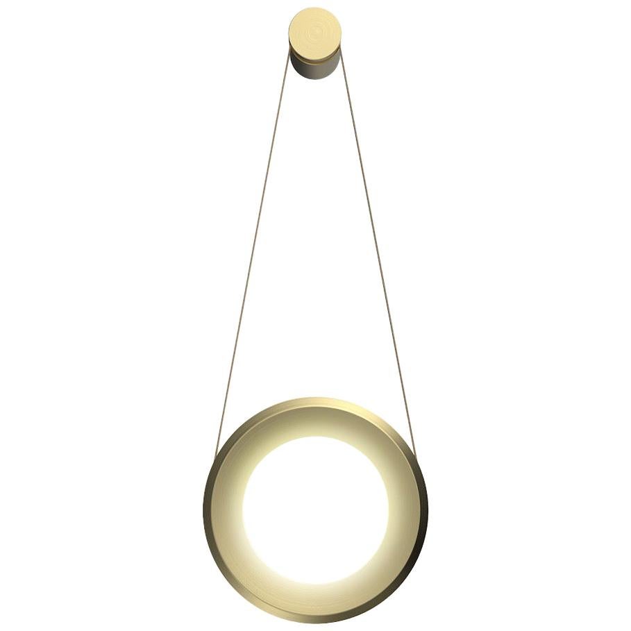 Wall LED Lamp in Brushed Brass and Leather, Dims on Rotation For Sale