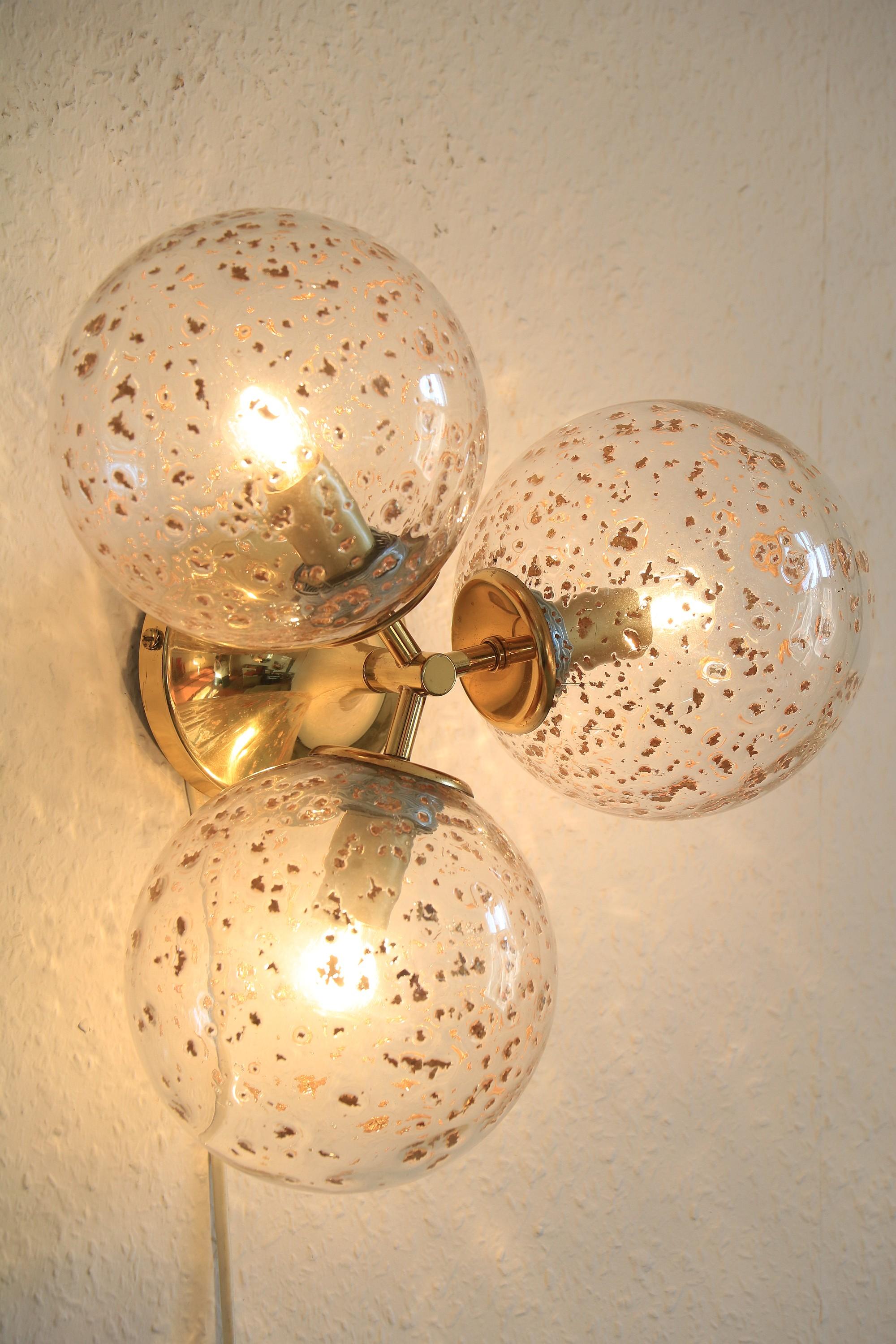 Swiss Wall Light by Temde, Switzerland, Brass, Three Blown Glass Balls, 1970s For Sale