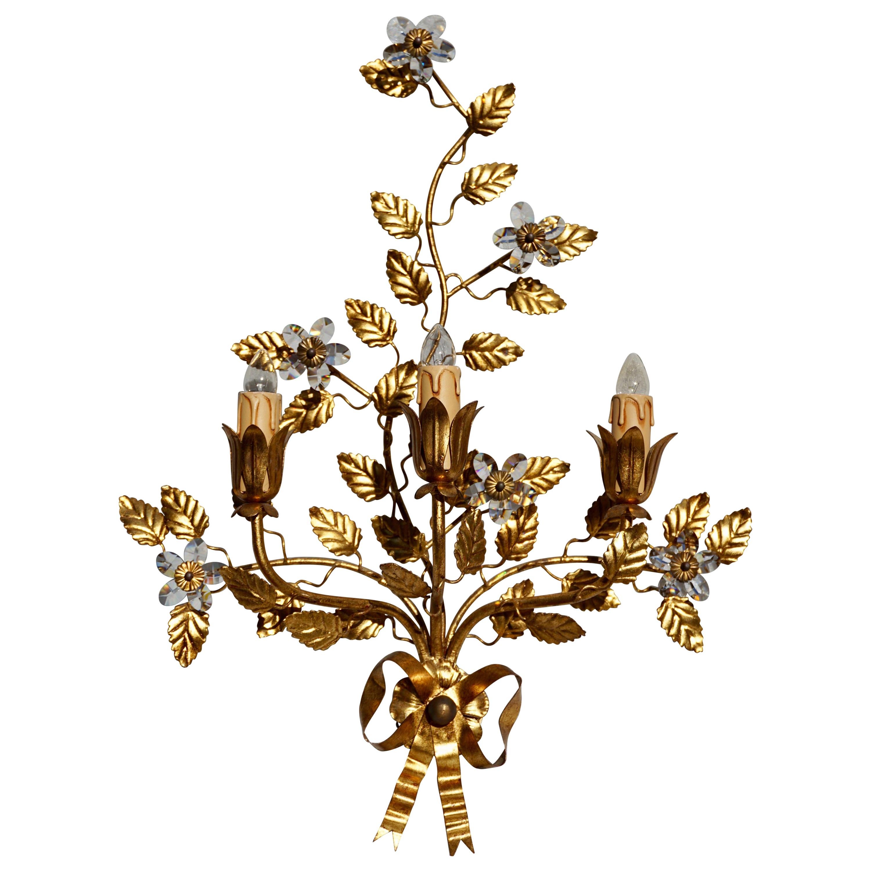 Wall Light in Brass with Crystal Flowers