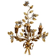 Vintage Wall Light in Brass with Crystal Flowers