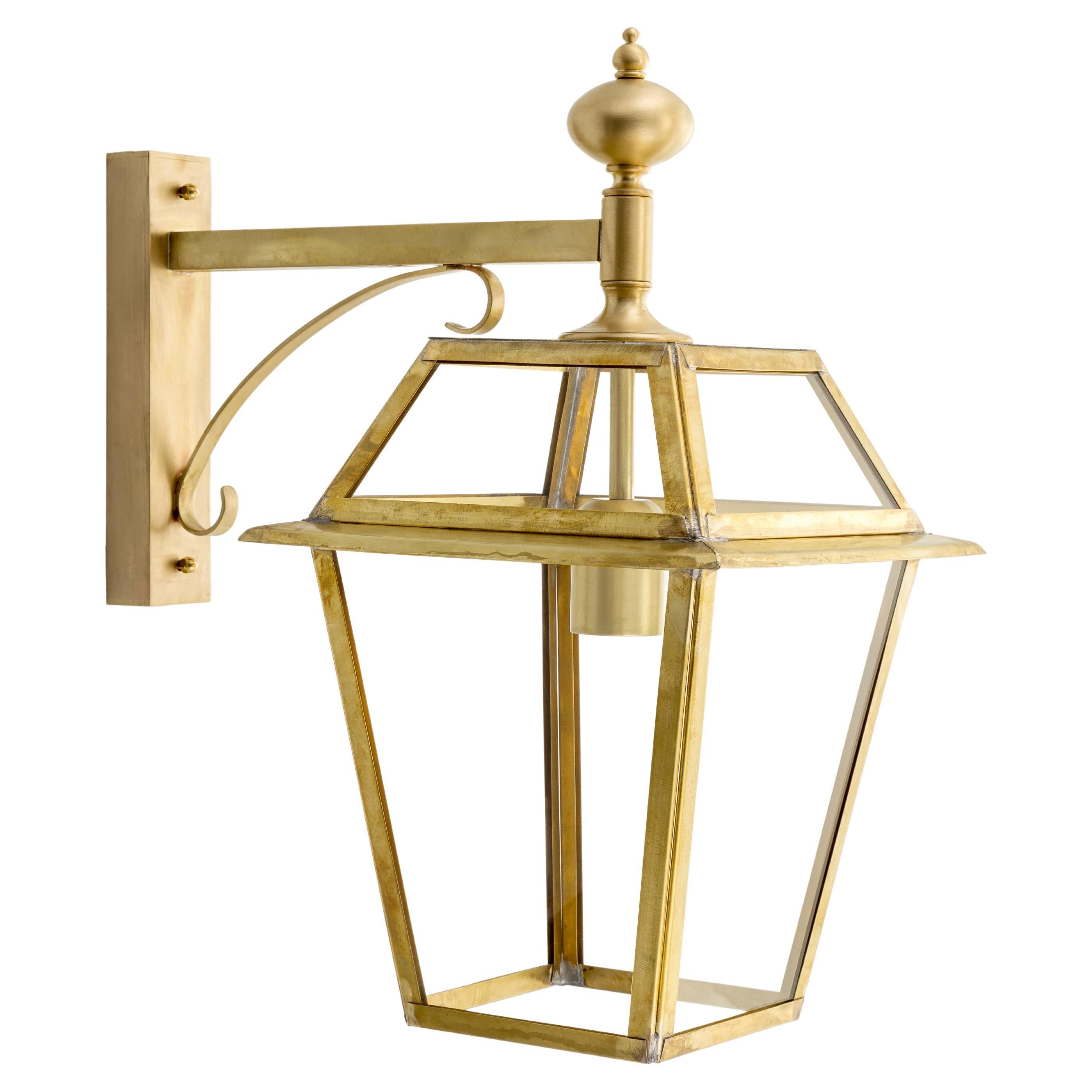 Wall Light Lantern with Natural Brass Structure and Glass