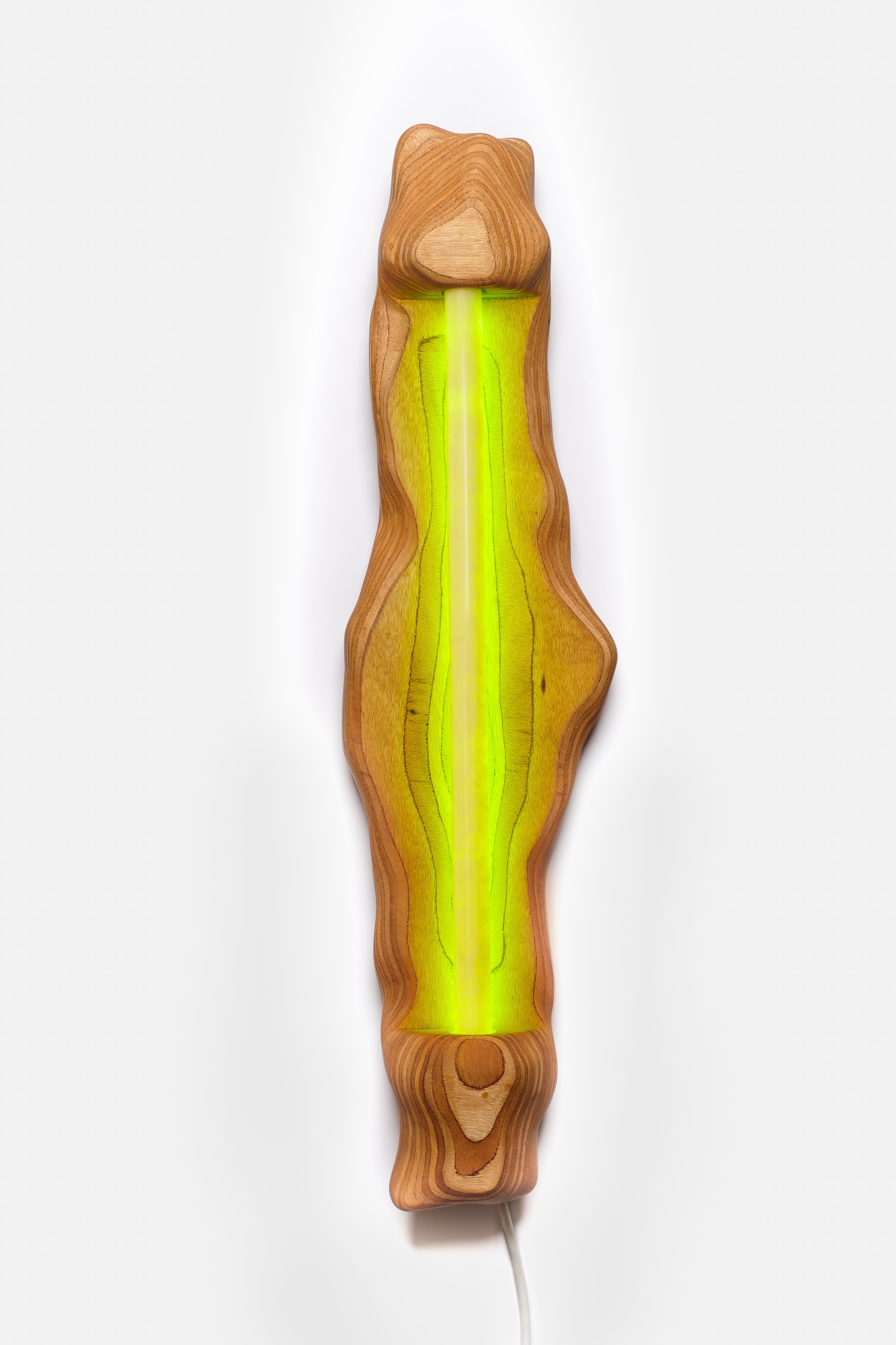 Exlusive wall light made of Okoume wood with a green neon light. Handcrafted by Studio Gert Wessels. Handcrafted in an organic shape and made in his studio in the Netherlands. 

In his daily practice he investigates the relationship between form