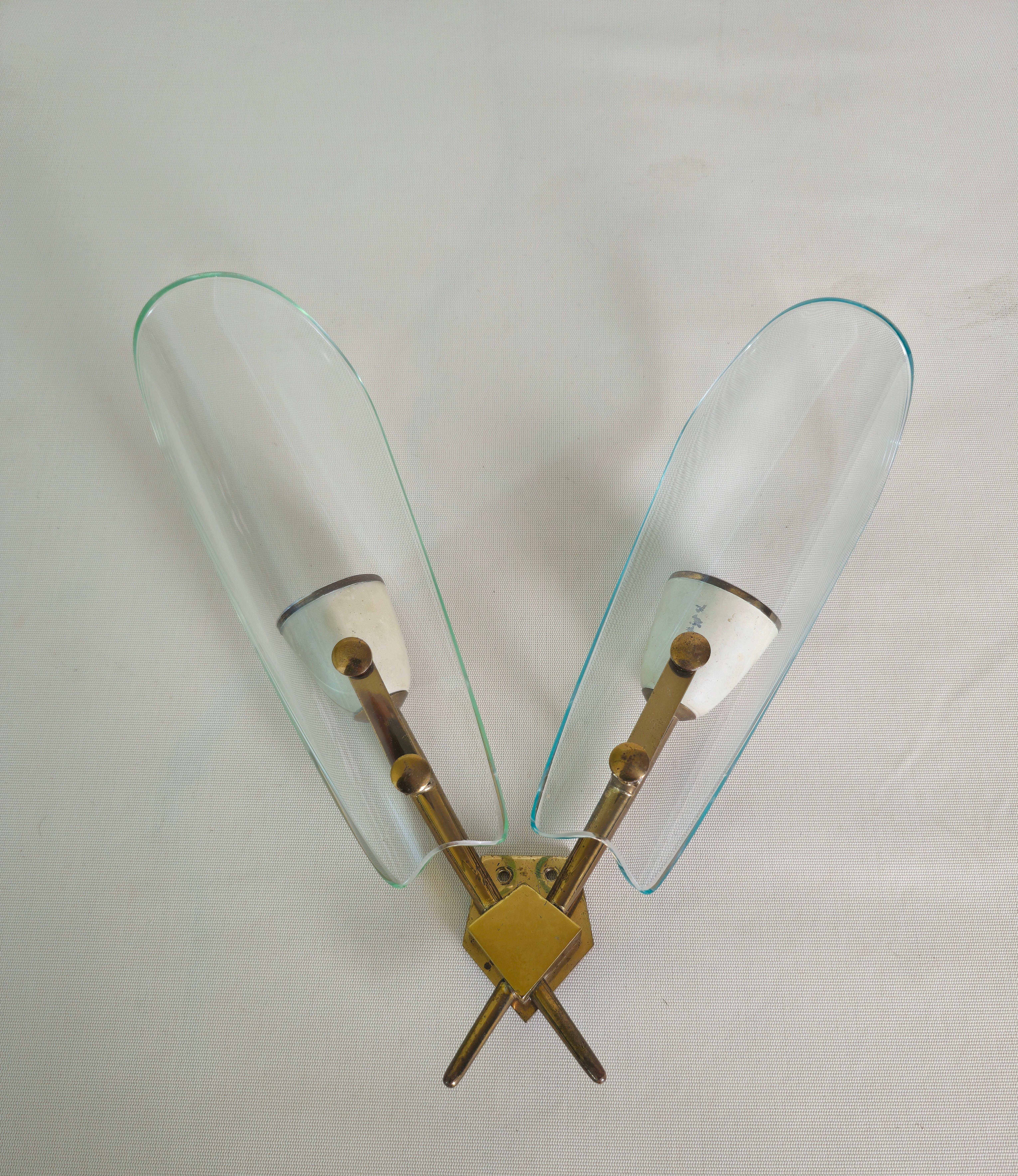 Wall Light Sconce Brass Curved Glass Midcentury Modern Italian Design 1950s For Sale 5