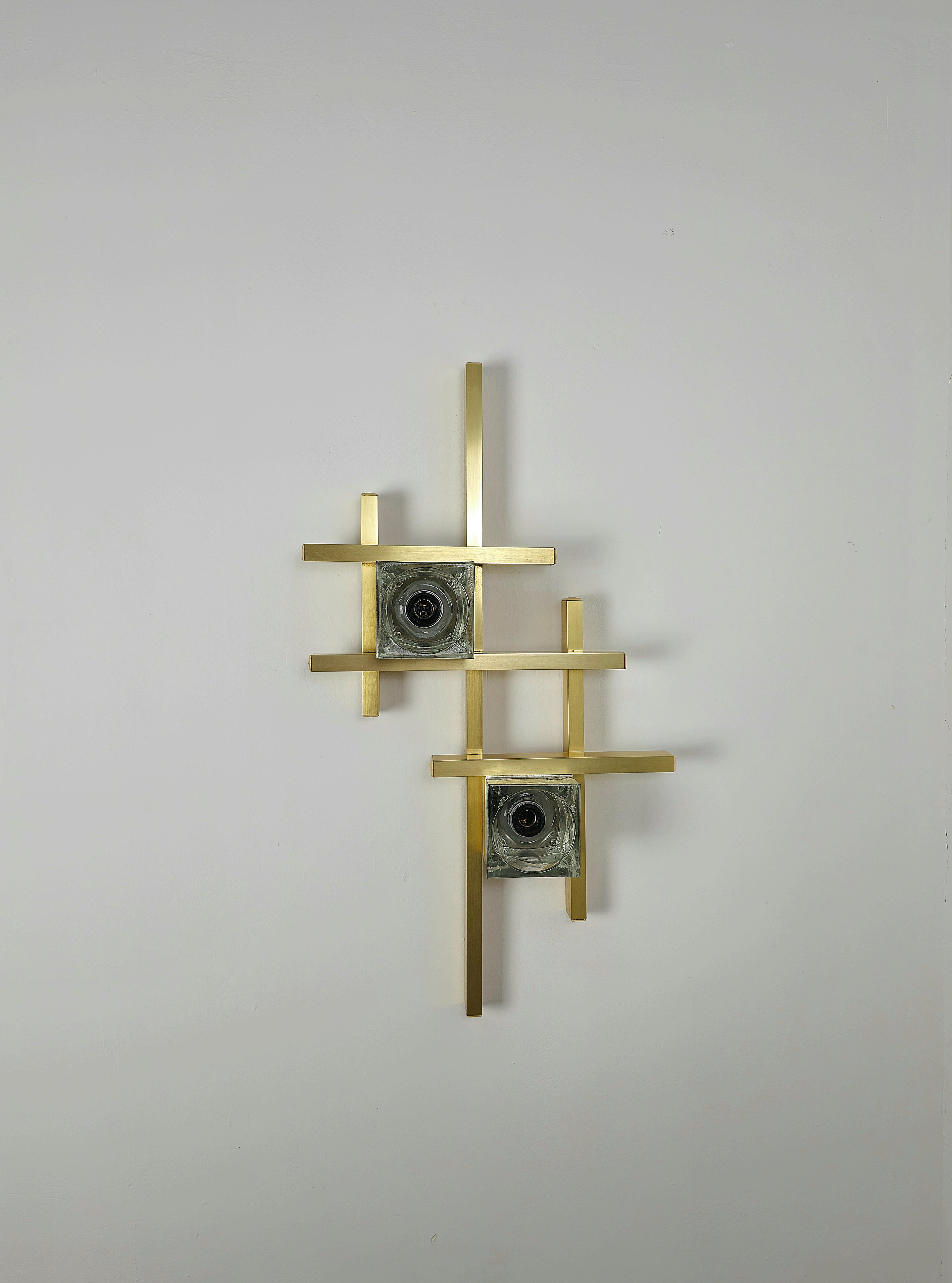 Mid-Century Modern Wall Light Sconce Gaetano Sciolari Golden Aluminum Glass Midcentury Italy 1970s